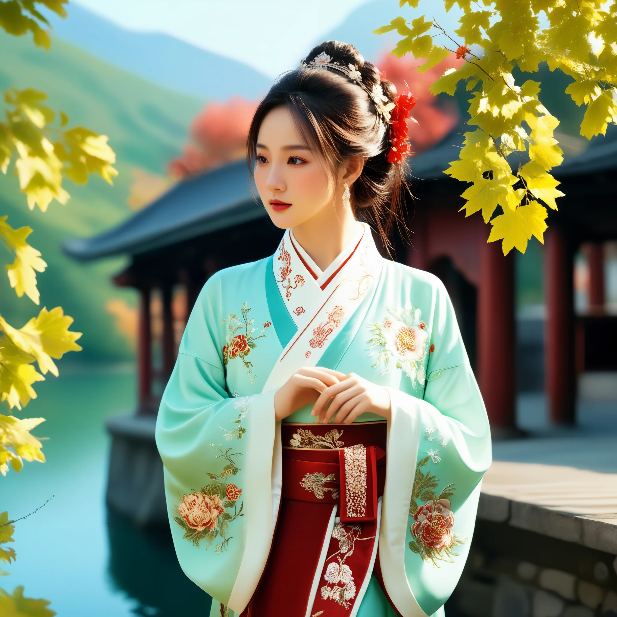 photorealistic,realistic,masterpiece,best quality,4k,，
A girl standing near the bridge over the lake, Wear new Chinese clothing that combines traditional Chinese Hanfu and modern clothing elements, Showing a unique oriental charm. Her clothes are mainly in red and white colors, With exquisite embroidery and beadwork, Showing the profound heritage of Chinese traditional culture. Her hairstyle is simple yet elegant, Wearing gorgeous hair accessories, Adds a splash of color to the overall look. Her makeup is delicate and elegant, Highlighting her natural beauty. Her eyes are bright and energetic, It seemed to be telling her inner story. Her skin is fair and delicate, Exudes a charming luster. Her figure is graceful and dignified, Exudes a noble temperament. She stood on the bridge by the lake, Behind you are the sparkling water and the mountains in the distance., It forms a beautiful picture. The sun shines on her body, Contrast between light and dark, highlighting her theme.