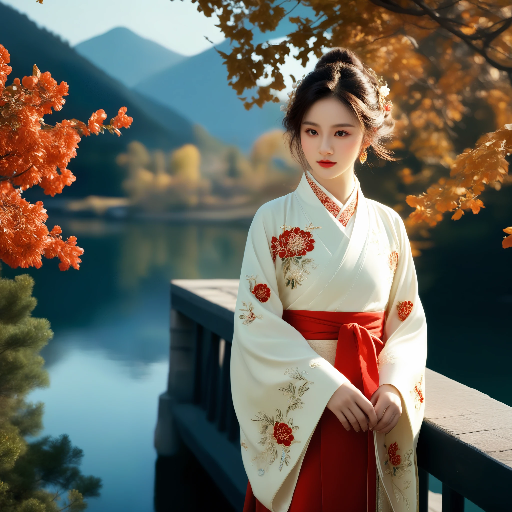 photorealistic,realistic,masterpiece,best quality,4k,，
A girl standing near the bridge over the lake, Wear new Chinese clothing that combines traditional Chinese Hanfu and modern clothing elements, Showing a unique oriental charm. Her clothes are mainly in red and white colors, With exquisite embroidery and beadwork, Showing the profound heritage of Chinese traditional culture. Her hairstyle is simple yet elegant, Wearing gorgeous hair accessories, Adds a splash of color to the overall look. Her makeup is delicate and elegant, Highlighting her natural beauty. Her eyes are bright and energetic, It seemed to be telling her inner story. Her skin is fair and delicate, Exudes a charming luster. Her figure is graceful and dignified, Exudes a noble temperament. She stood on the bridge by the lake, Behind you are the sparkling water and the mountains in the distance., It forms a beautiful picture. The sun shines on her body, Contrast between light and dark, highlighting her theme.