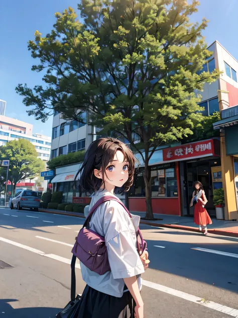 มีผู้หญิงคนหนึ่งยืนอยู่on the roadพร้อมกระเป๋าเป้, street photos, thai girl anime, thawan duchanee, niwan chandra, in the street...