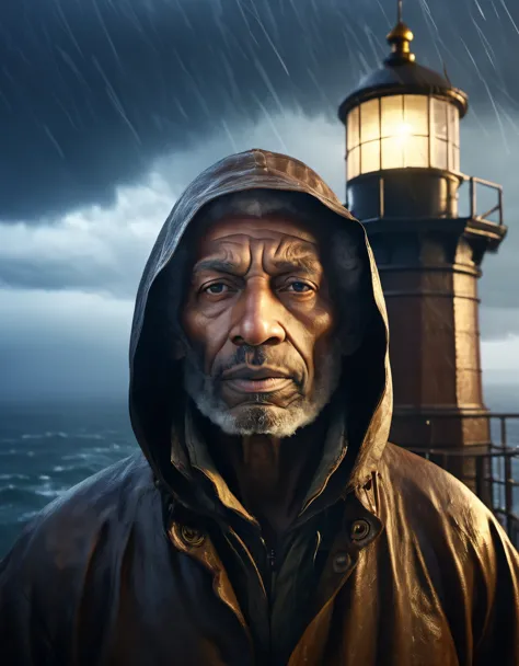 (A close up of a tower keeper standing on a towering lighthouse on the cliff with a searchlight held high),portrait，close up， He...