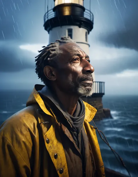 (A close up of a tower keeper standing on a towering lighthouse on the cliff with a searchlight held high),portrait，close up， He...