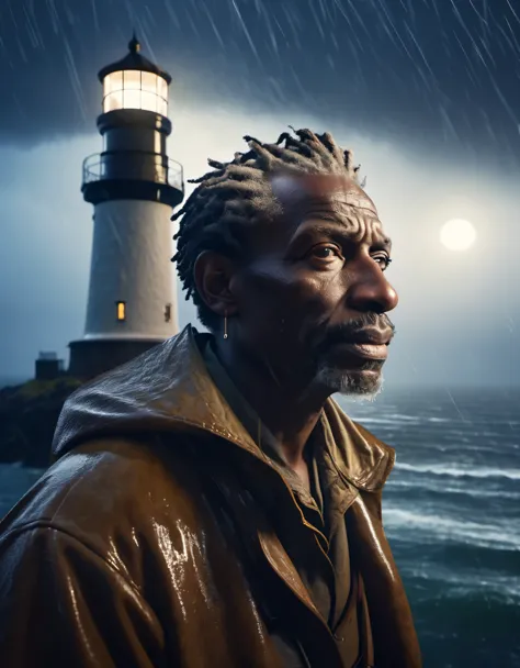 (a close up of a tower keeper standing on a towering lighthouse on the cliff with a searchlight held high),portrait，close up， he...