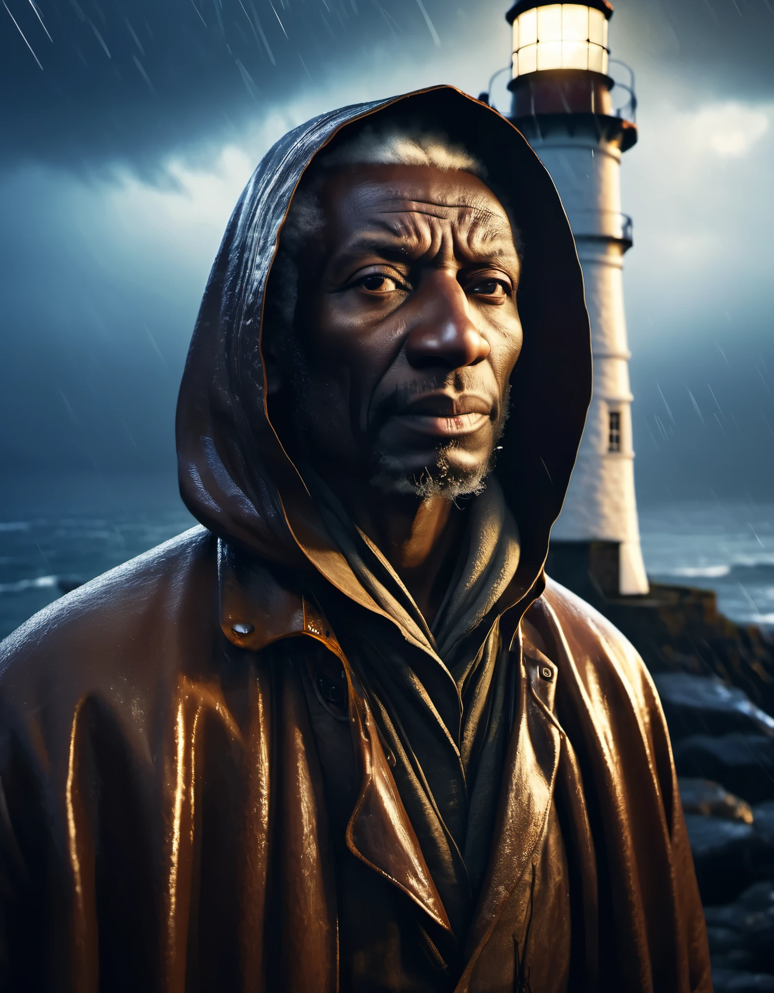 (A close up of a tower keeper standing on a towering lighthouse on the cliff with a searchlight held high),portrait，close up， He lowered his head to guide the ship in the distance.. He has rough brown skin and a wrinkled face. He is vicissitudes of life, Wearing a hooded raincoat, rough waves, beam, moonlight, background: Heavy rain is coming, photography, Andrey Remnev, masterpiece, tilin, realism, diablo, gothic art, The atmosphere is strong, unreal engine, Quixel Megascans rendering, V-ray, high detail, high quality, high resolution, art stage trends, surrealism, HD, 16k, depth of field (Every time), waist shot (WS), close up, Rembrandt lighting, Epic visuals, Top view,