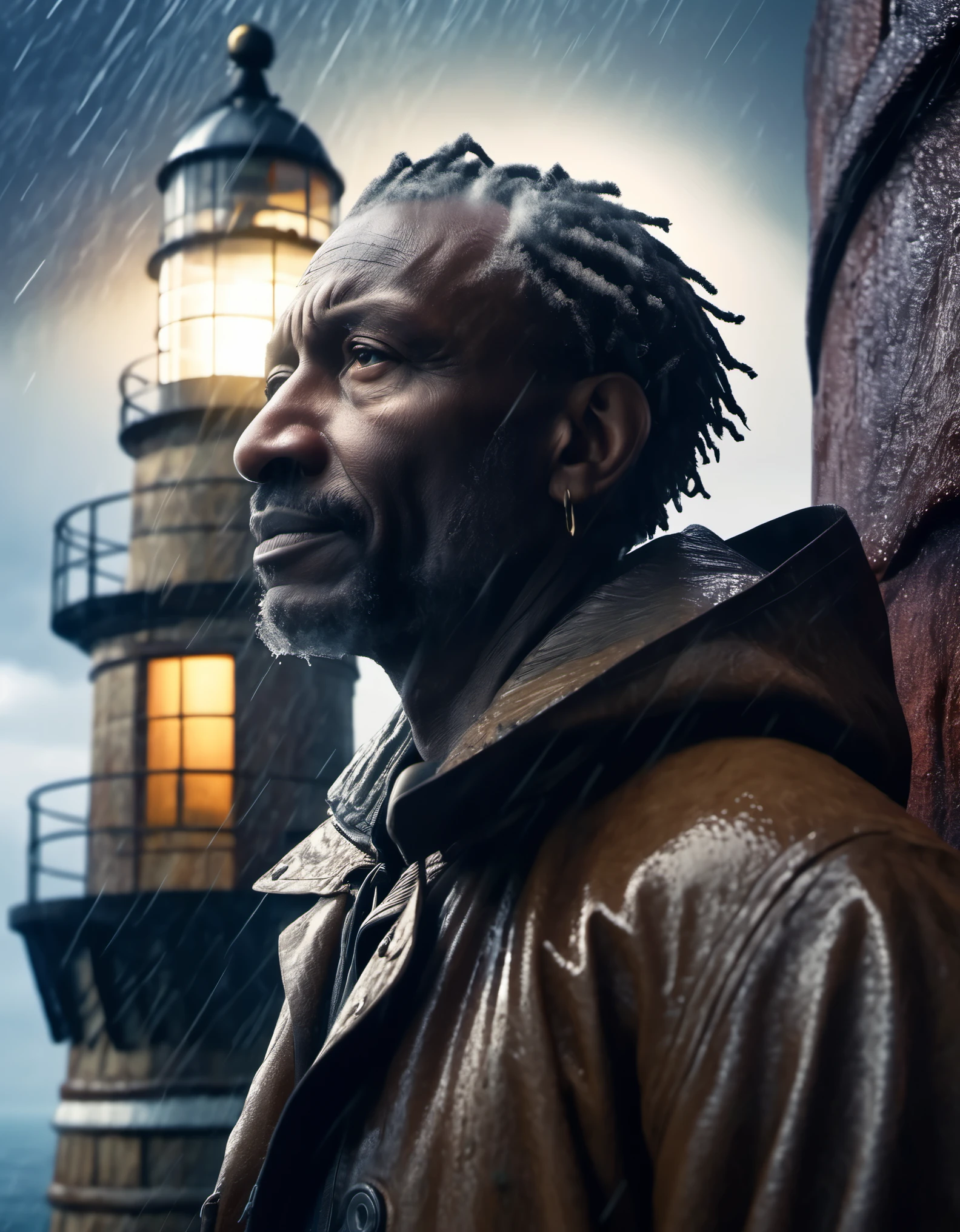 (A close up of a tower keeper standing on a towering lighthouse on the cliff with a searchlight held high),portrait，close up，searchlight， He lowered his head to guide the ship in the distance.. He has rough brown skin and a wrinkled face. He is vicissitudes of life, Wearing a hooded raincoat, rough waves, beam, moonlight, background: Heavy rain is coming, photography, Andrey Remnev, masterpiece, tilin, realism, diablo, gothic art, The atmosphere is strong, unreal engine, Quixel Megascans rendering, V-ray, high detail, high quality, high resolution, art stage trends, surrealism, HD, 16k, depth of field (Every time), waist shot (WS), close up, Rembrandt lighting, Epic visuals, Top view,