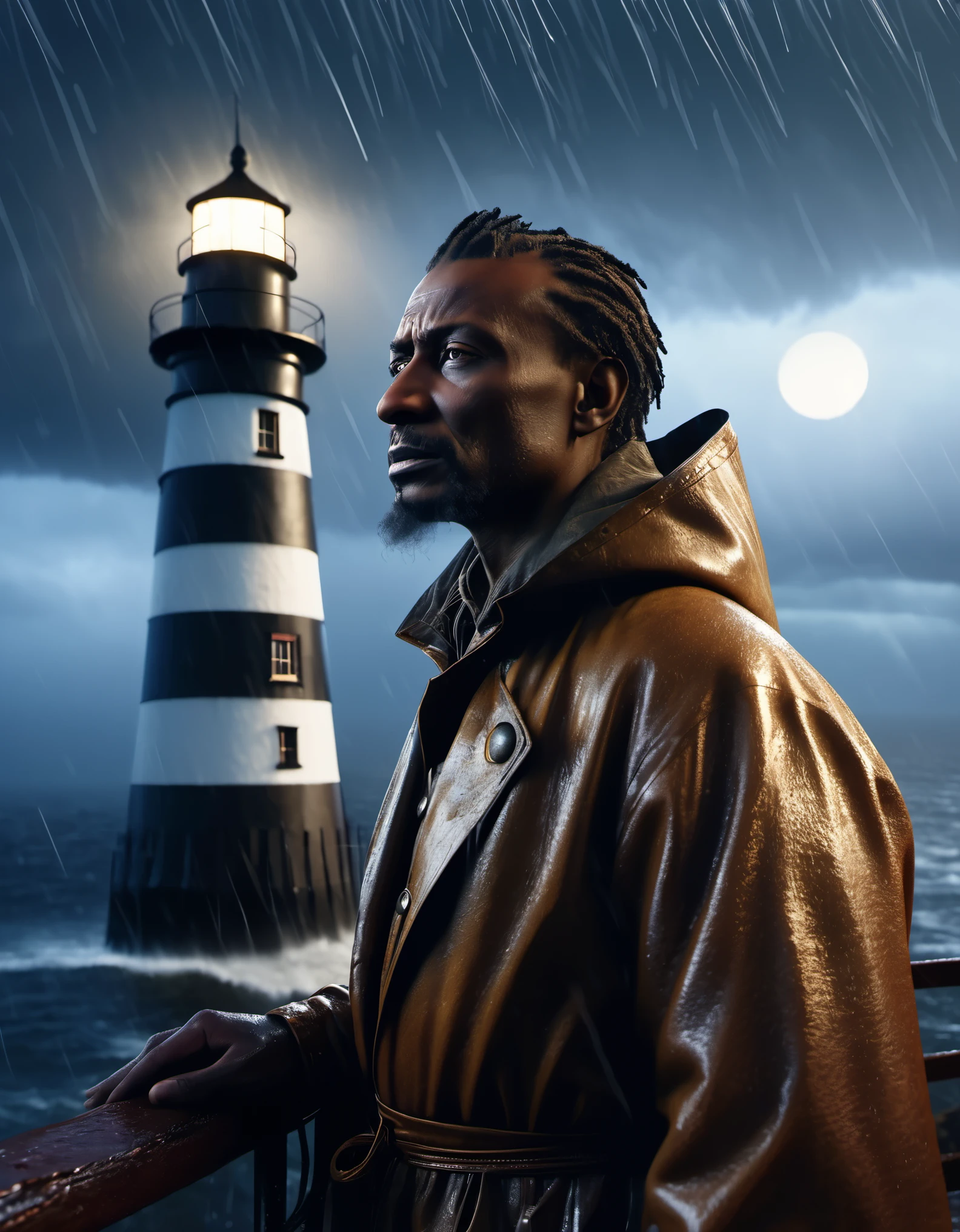 (A close up of a tower keeper standing on a towering lighthouse on the cliff with a searchlight held high),portrait，close up，searchlight， He lowered his head to guide the ship in the distance.. He has rough brown skin and a wrinkled face. He is vicissitudes of life, Wearing a hooded raincoat, rough waves, beam, moonlight, background: Heavy rain is coming, photography, Andrey Remnev, masterpiece, tilin, realism, diablo, gothic art, The atmosphere is strong, unreal engine, Quixel Megascans rendering, V-ray, high detail, high quality, high resolution, art stage trends, surrealism, HD, 16k, depth of field (Every time), waist shot (WS), close up, Rembrandt lighting, Epic visuals, Top view,