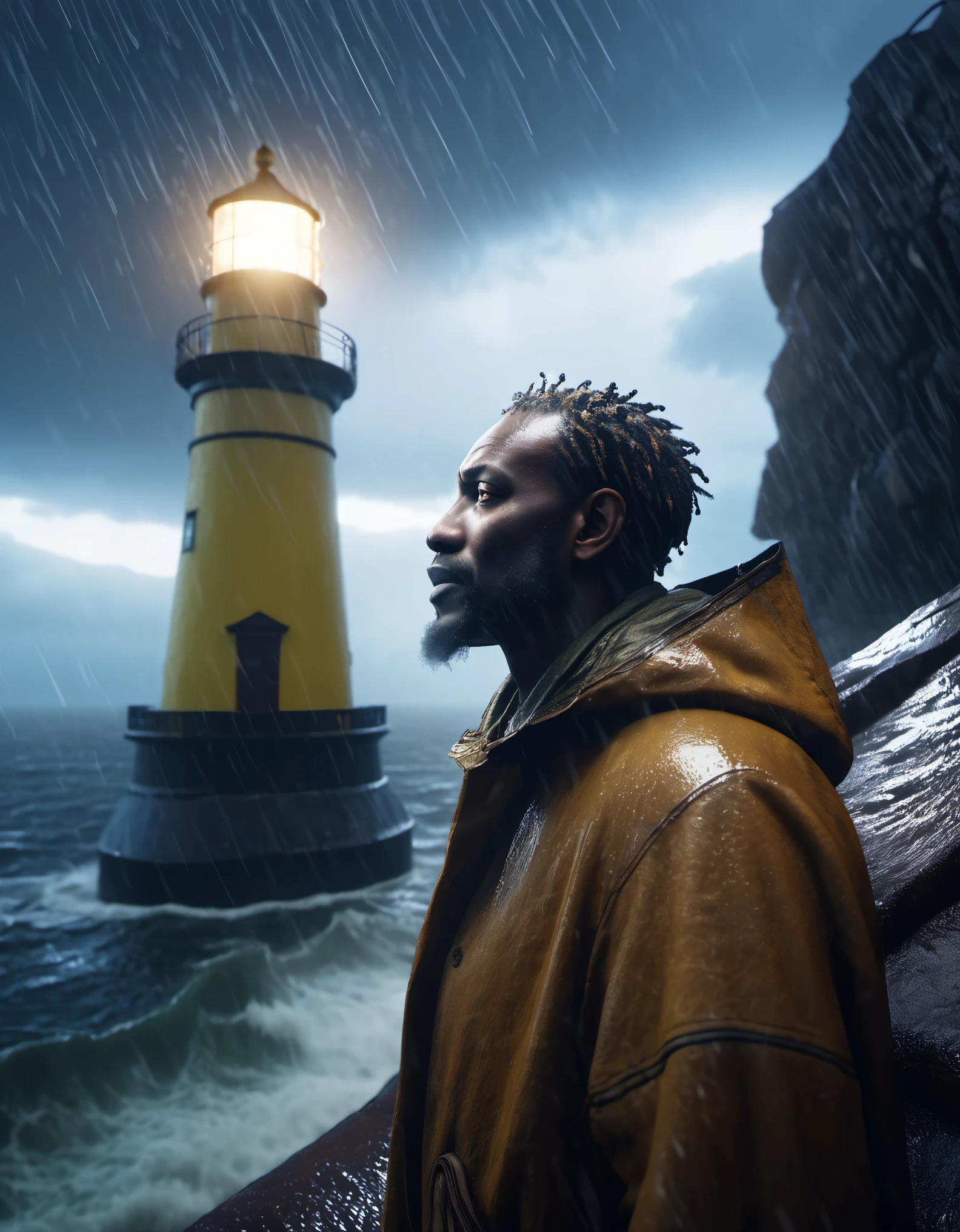 (A close up of a tower keeper standing on a towering lighthouse on the cliff with a searchlight held high),portrait，close up，searchlight， He lowered his head to guide the ship in the distance.. He has rough brown skin and a wrinkled face. He is vicissitudes of life, Wearing a hooded raincoat, rough waves, beam, moonlight, background: Heavy rain is falling, photography, Andrey Remnev, masterpiece, tilin, realism, diablo, gothic art, The atmosphere is strong, unreal engine, Quixel Megascans rendering, V-ray, high detail, high quality, high resolution, art stage trends, surrealism, HD, 16k, depth of field (Every time), waist shot (WS), close up, Rembrandt lighting, Epic visuals, Top view,