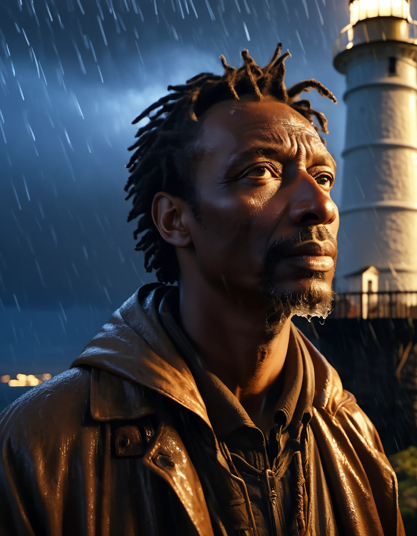 (A close up of a tower keeper standing on a towering lighthouse on the cliff with a searchlight held high),portrait，close up，searchlight， He lowered his head to guide the ship in the distance.. He has rough brown skin and a wrinkled face. He is vicissitudes of life, Wearing a hooded raincoat, rough waves, beam, moonlight, background: Heavy rain is falling, photography, Andrey Remnev, masterpiece, tilin, realism, diablo, gothic art, The atmosphere is strong, unreal engine, Quixel Megascans rendering, V-ray, high detail, high quality, high resolution, art stage trends, surrealism, HD, 16k, depth of field (Every time), waist shot (WS), close up, Rembrandt lighting, Epic visuals, Top view,