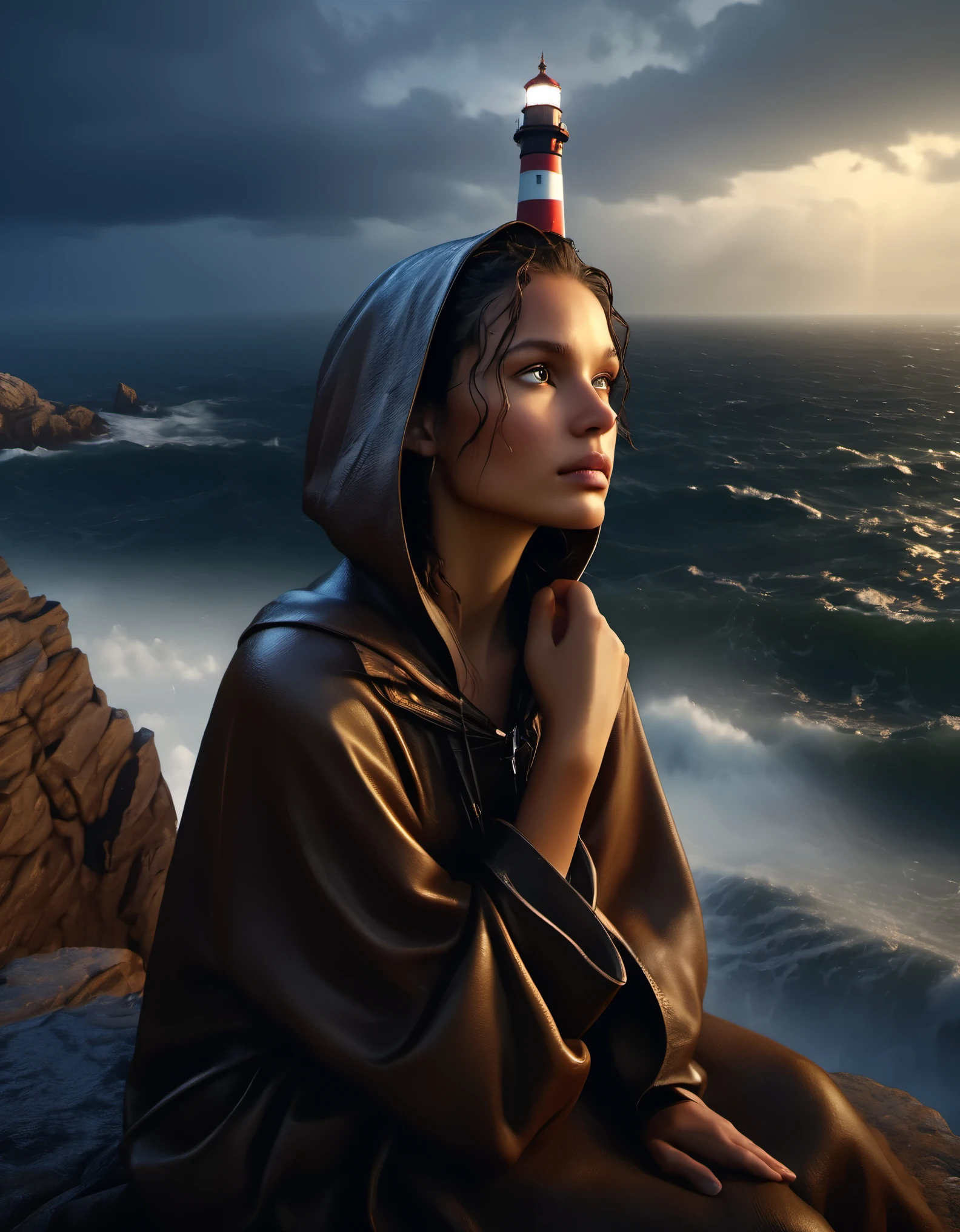 (Brunette girl sitting on cliff rock looking at lighthouse),portrait，close up， He lowered his head to guide the ship in the distance.. He has rough brown skin and a wrinkled face. He is vicissitudes of life, Wearing a hooded raincoat, rough waves, beam, moonlight, background: Heavy rain is coming, photography, Andrey Remnev, masterpiece, tilin, realism, diablo, gothic art, The atmosphere is strong, unreal engine, Quixel Megascans rendering, V-ray, high detail, high quality, high resolution, art stage trends, surrealism, HD, 16k, depth of field (Every time), waist shot (WS), close up, Rembrandt lighting, Epic visuals, Top view,