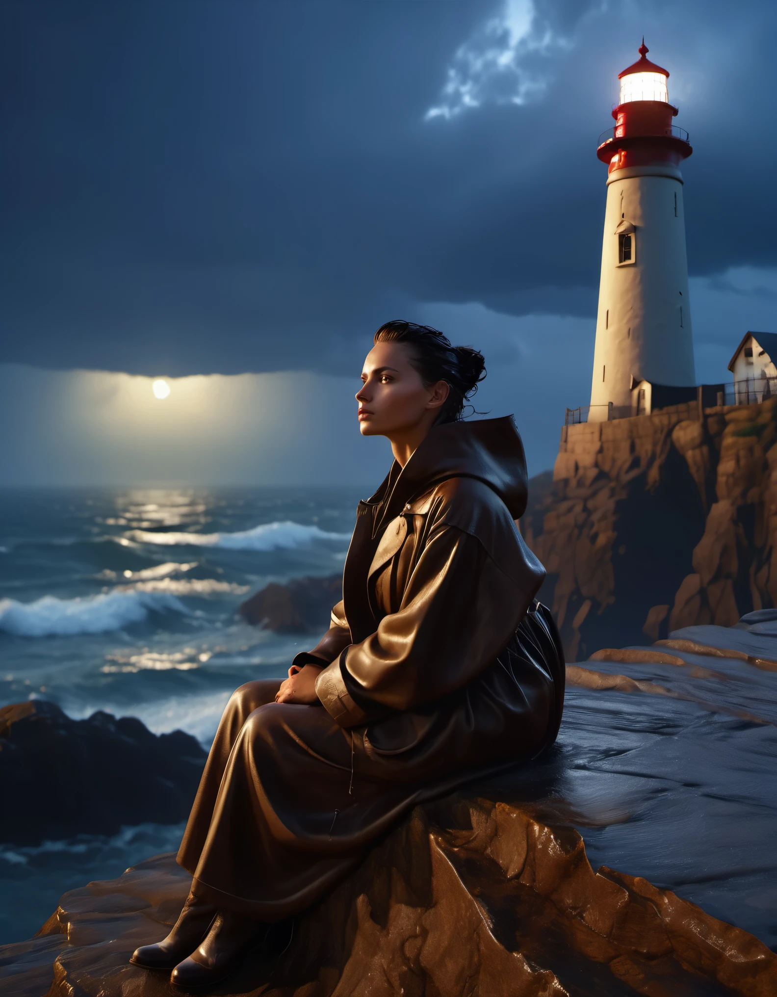 (Brunette girl sitting on cliff rock looking at lighthouse),portrait，close up， He lowered his head to guide the ship in the distance.. He has rough brown skin and a wrinkled face. He is vicissitudes of life, Wearing a hooded raincoat, rough waves, beam, moonlight, background: Heavy rain is coming, photography, Andrey Remnev, masterpiece, tilin, realism, diablo, gothic art, The atmosphere is strong, unreal engine, Quixel Megascans rendering, V-ray, high detail, high quality, high resolution, art stage trends, surrealism, HD, 16k, depth of field (Every time), waist shot (WS), close up, Rembrandt lighting, Epic visuals, Top view,