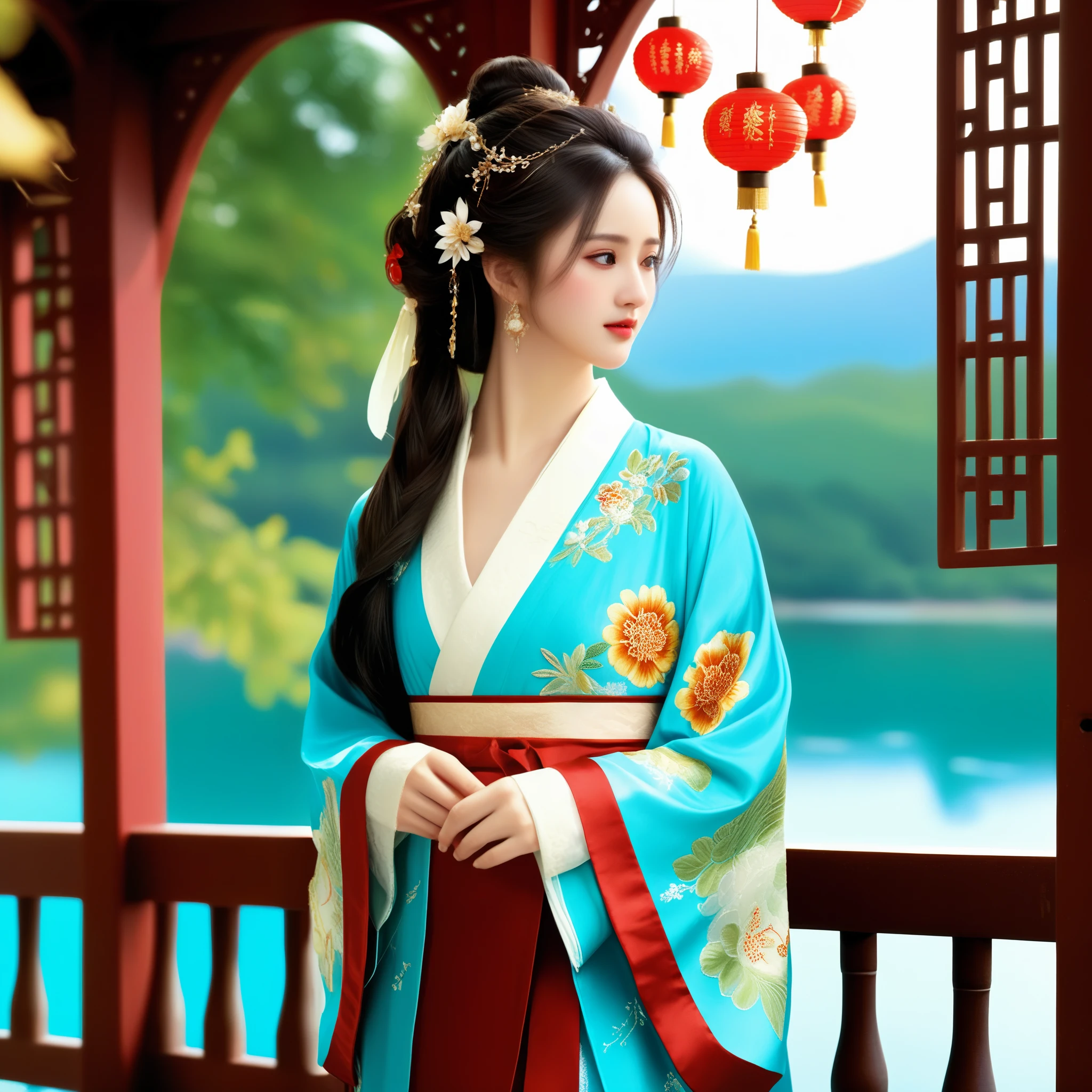 photorealistic,realistic,masterpiece,best quality,4k,，
A girl standing near the bridge over the lake, Wear new Chinese clothing that combines traditional Chinese Hanfu and modern clothing elements, Showing a unique oriental charm. Her clothes are mainly in red and white colors, With exquisite embroidery and beadwork, Showing the profound heritage of Chinese traditional culture. Her hairstyle is simple yet elegant, Wearing gorgeous hair accessories, Adds a splash of color to the overall look. Her makeup is delicate and elegant, Highlighting her natural beauty. Her eyes are bright and energetic, It seemed to be telling her inner story. Her skin is fair and delicate, Exudes a charming luster. Her figure is graceful and dignified, Exudes a noble temperament. She stood on the bridge by the lake, Behind you are the sparkling water and the mountains in the distance., It forms a beautiful picture. The sun shines on her body, Contrast between light and dark, highlighting her theme.