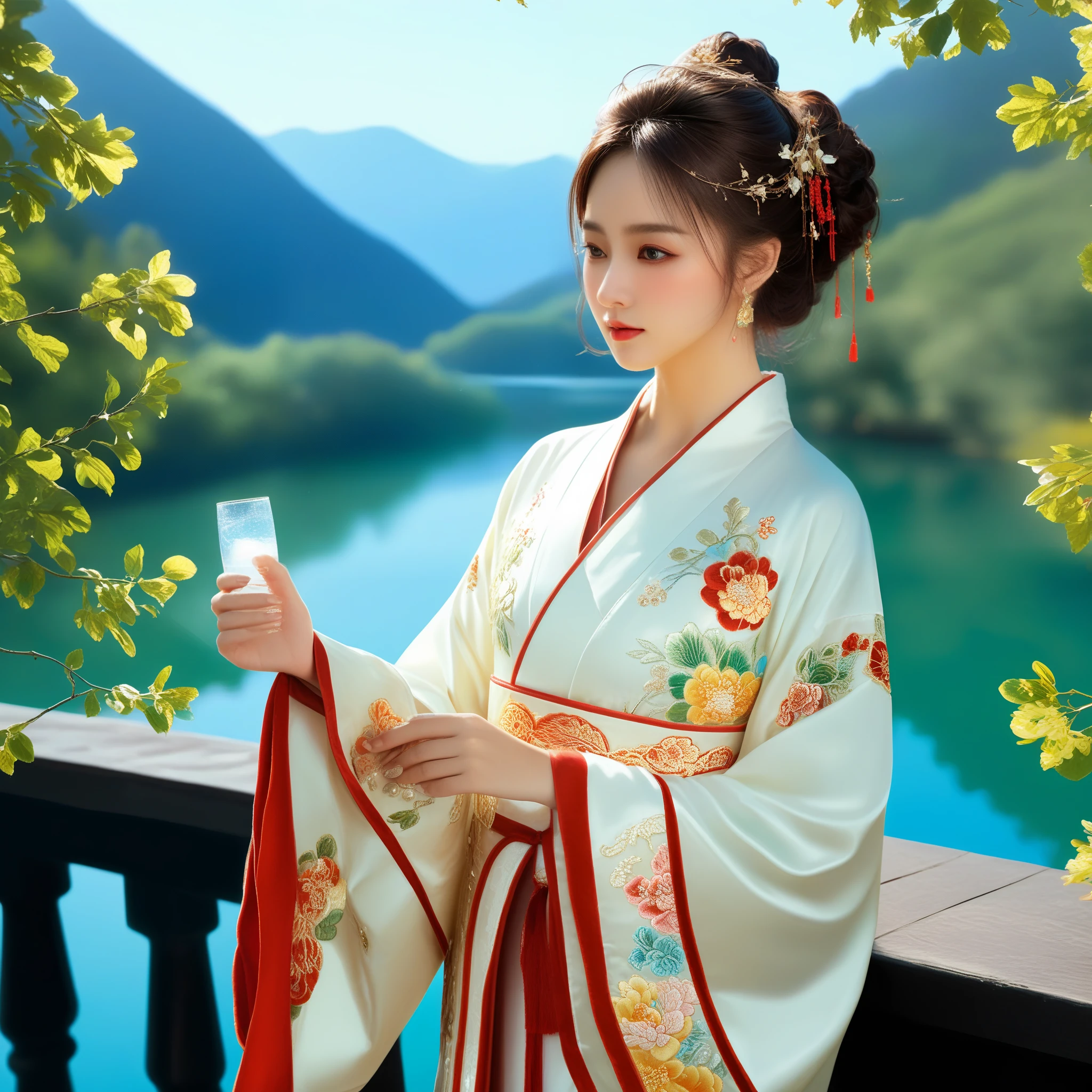 photorealistic,realistic,masterpiece,best quality,4k,，
A girl standing near the bridge over the lake, Wear new Chinese clothing that combines traditional Chinese Hanfu and modern clothing elements, Showing a unique oriental charm. Her clothes are mainly in red and white colors, With exquisite embroidery and beadwork, Showing the profound heritage of Chinese traditional culture. Her hairstyle is simple yet elegant, Wearing gorgeous hair accessories, Adds a splash of color to the overall look. Her makeup is delicate and elegant, Highlighting her natural beauty. Her eyes are bright and energetic, It seemed to be telling her inner story. Her skin is fair and delicate, Exudes a charming luster. Her figure is graceful and dignified, Exudes a noble temperament. She stood on the bridge by the lake, Behind you are the sparkling water and the mountains in the distance., It forms a beautiful picture. The sun shines on her body, Contrast between light and dark, highlighting her theme.