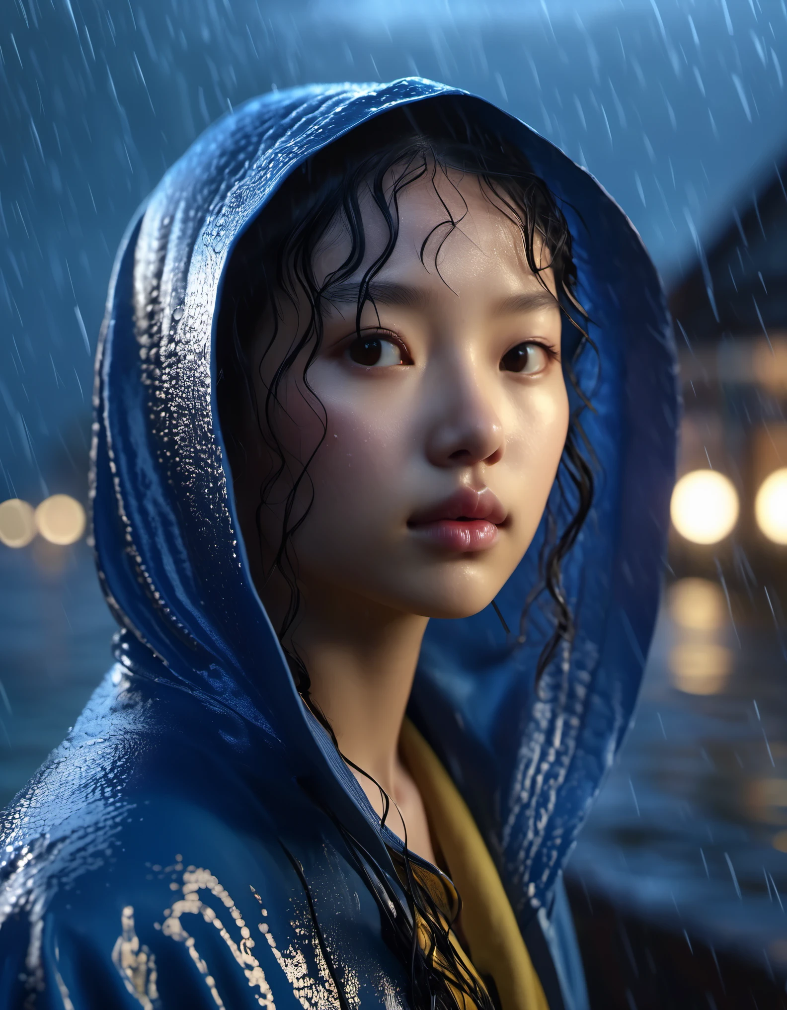 (坐在悬崖岩石上看灯塔的black hair女孩),portrait，close up， He lowered his head to guide the ship in the distance.. Chinese girl. ，black hair，Vicissitudes, small straight nose，Wearing a blue hooded raincoat, rough waves, beam, moonlight, background: Heavy rain is coming, photography, Andrey Remnev, masterpiece, tilin, realism, diablo, gothic art, The atmosphere is strong, unreal engine, Quixel Megascans rendering, V-ray, high detail, high quality, high resolution, art stage trends, surrealism, HD, 16k, depth of field (Every time), waist shot (WS), close up, Rembrandt lighting, Epic visuals, Top view,