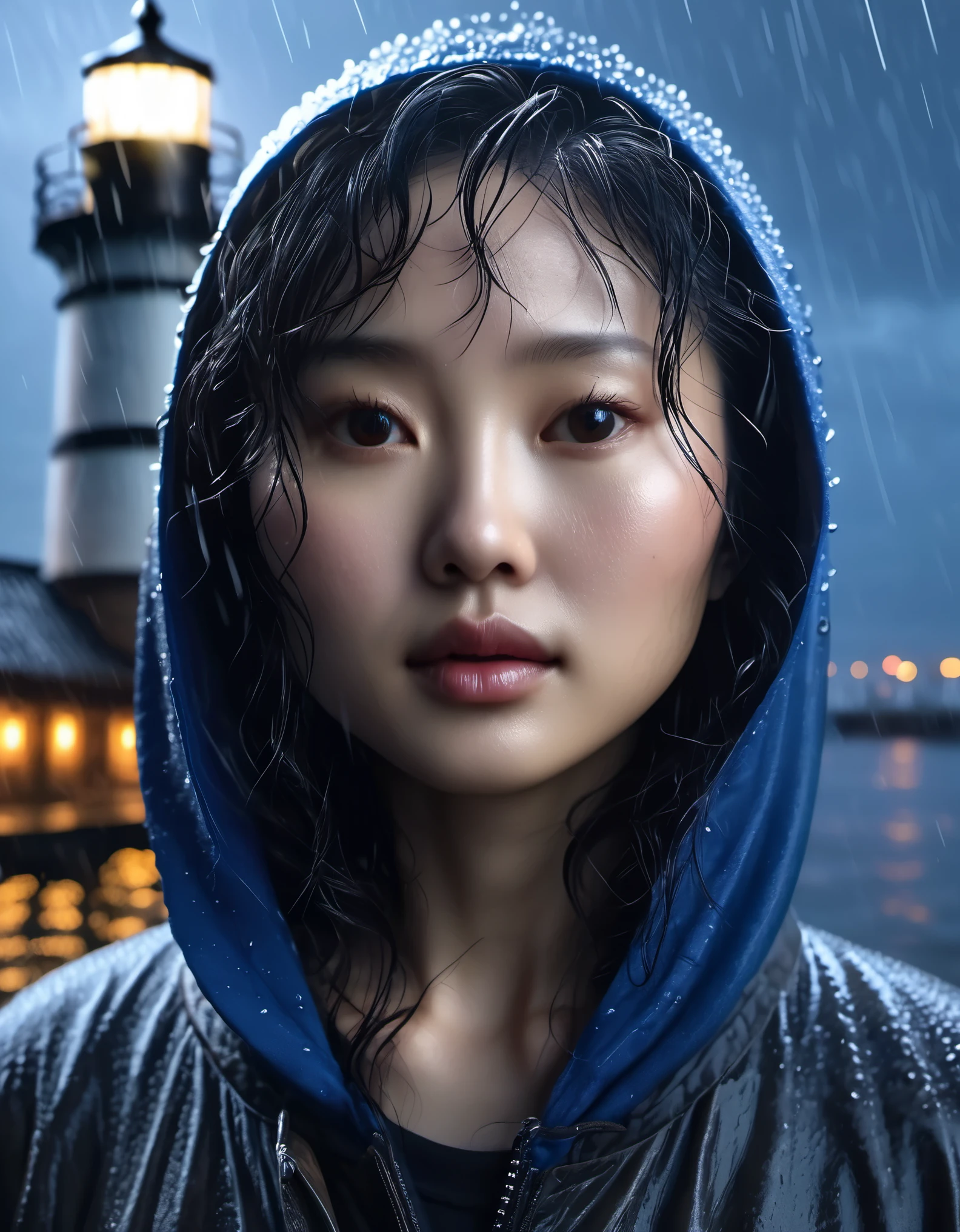 (坐在悬崖岩石上看lighthouse的black hair女孩),portrait，close up， lighthouse， Chinese girl. ，black hair，Vicissitudes, small straight nose，Wearing a blue hooded raincoat, rough waves, beam, moonlight, background: The rain is falling crazily, photography, gong li, masterpiece, tilin, realism, diablo, gothic art, The atmosphere is strong, unreal engine, Quixel Megascans rendering, V-ray, high detail, high quality, high resolution, art stage trends, surrealism, HD, 16k, depth of field (Every time), waist shot (WS), close up, Rembrandt lighting, Epic visuals, Top view,