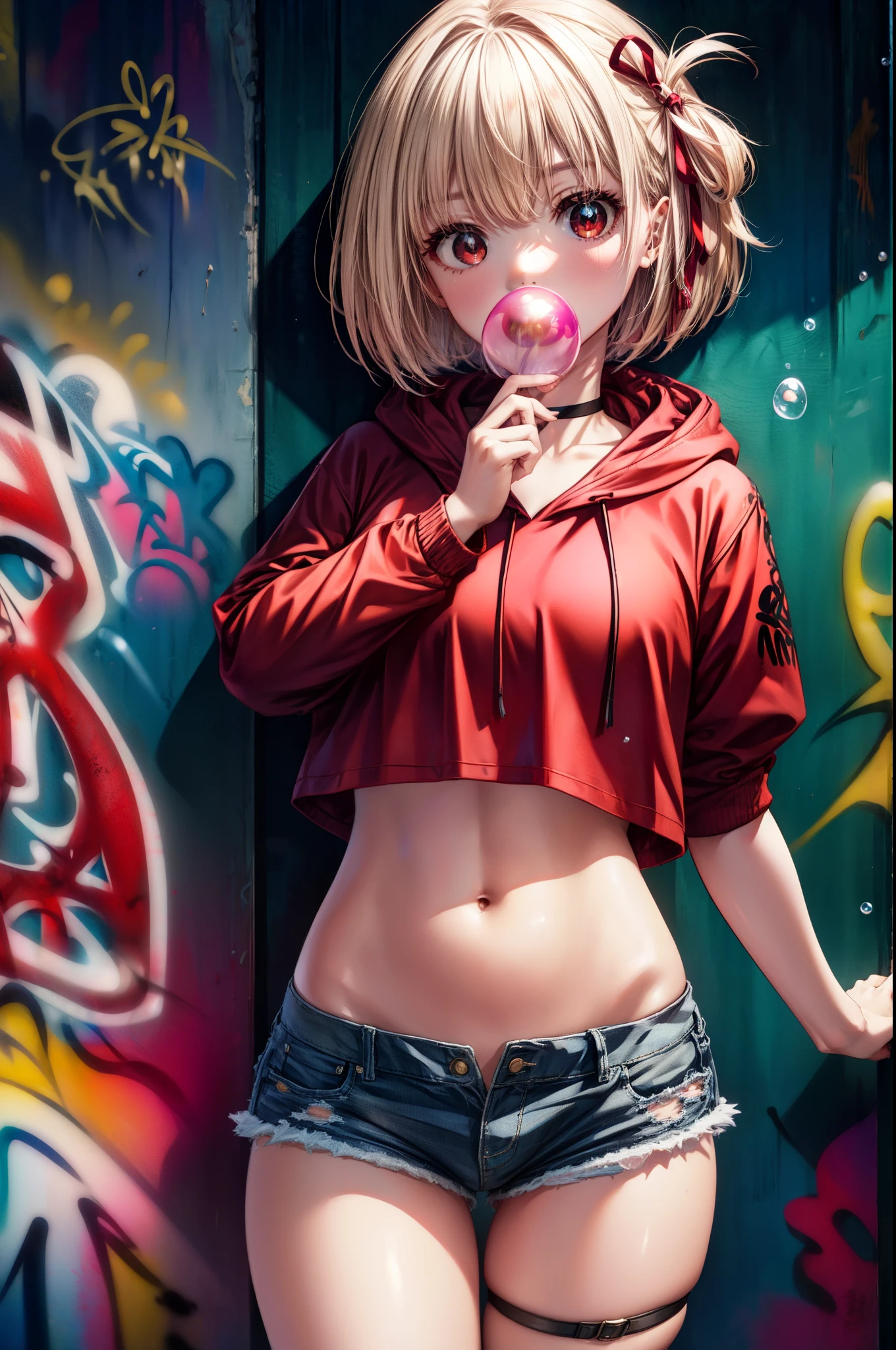 Chisato Nishikigi, Chisato Nishikigi, short hair, bangs, blonde hair, (red eyes:1.5), hair ribbon, one side up, Red hoodie　the front is open,wearing a hood,blow bubble gum, pink bubble gum,bob cut,Belly button tank top,denim shorts, choker, (graffiti:1.5), paint splatters, turn your arms behind your back, towards the wall, looking at the viewer , thigh strap, head tilt, was bored,break outdoors, Alley,break looking at viewer, (cowboy shot:1.5),
break (masterpiece:1.2), highest quality, High resolution, unity 8k wallpaper, (shape:0.8), (beautiful and detailed eyes:1.6), highly detailed face, perfect lighting, Very detailed CG, (perfect hands, perfect anatomy),