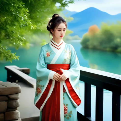 photorealistic,realistic,masterpiece,best quality,4k,，
A girl standing near the bridge over the lake, Wear new Chinese clothing ...