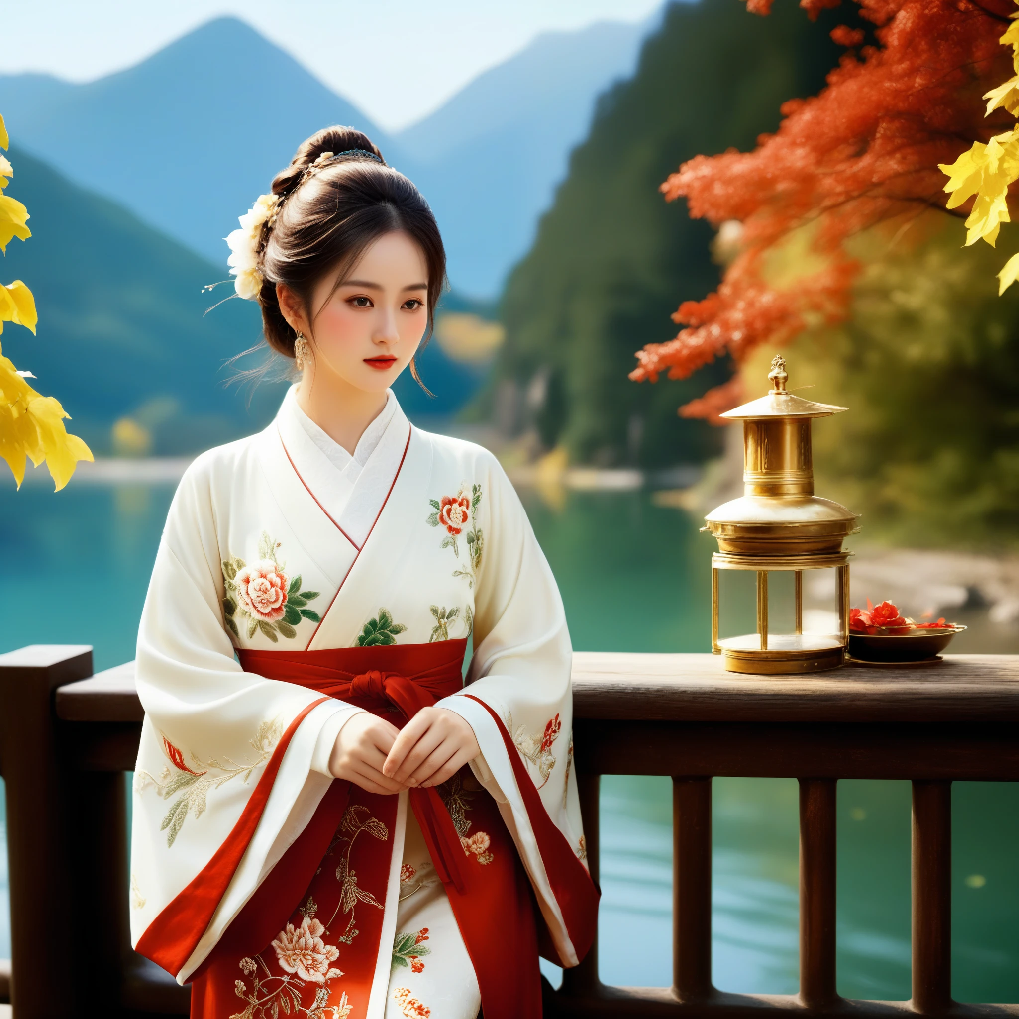 photorealistic,realistic,masterpiece,best quality,4k,，
A girl standing near the bridge over the lake, Wear new Chinese clothing that combines traditional Chinese Hanfu and modern clothing elements, Showing a unique oriental charm. Her clothes are mainly in red and white colors, With exquisite embroidery and beadwork, Showing the profound heritage of Chinese traditional culture. Her hairstyle is simple yet elegant, Wearing gorgeous hair accessories, Adds a splash of color to the overall look. Her makeup is delicate and elegant, Highlighting her natural beauty. Her eyes are bright and energetic, It seemed to be telling her inner story. Her skin is fair and delicate, Exudes a charming luster. Her figure is graceful and dignified, Exudes a noble temperament. She stood on the bridge by the lake, Behind you are the sparkling water and the mountains in the distance., It forms a beautiful picture. The sun shines on her body, Contrast between light and dark, highlighting her theme.