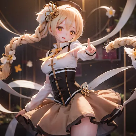 (best quality,ultra-detailed,masterpiece:1.2),expressive eyes,perfect face,beautiful Mami Tomoe,sofisticated pose,long pink hair,golden eyes,soft pink lips,detailed magical girl costume,dark background,glowing ,anime style,soft lighting,vibrant colors,myst...