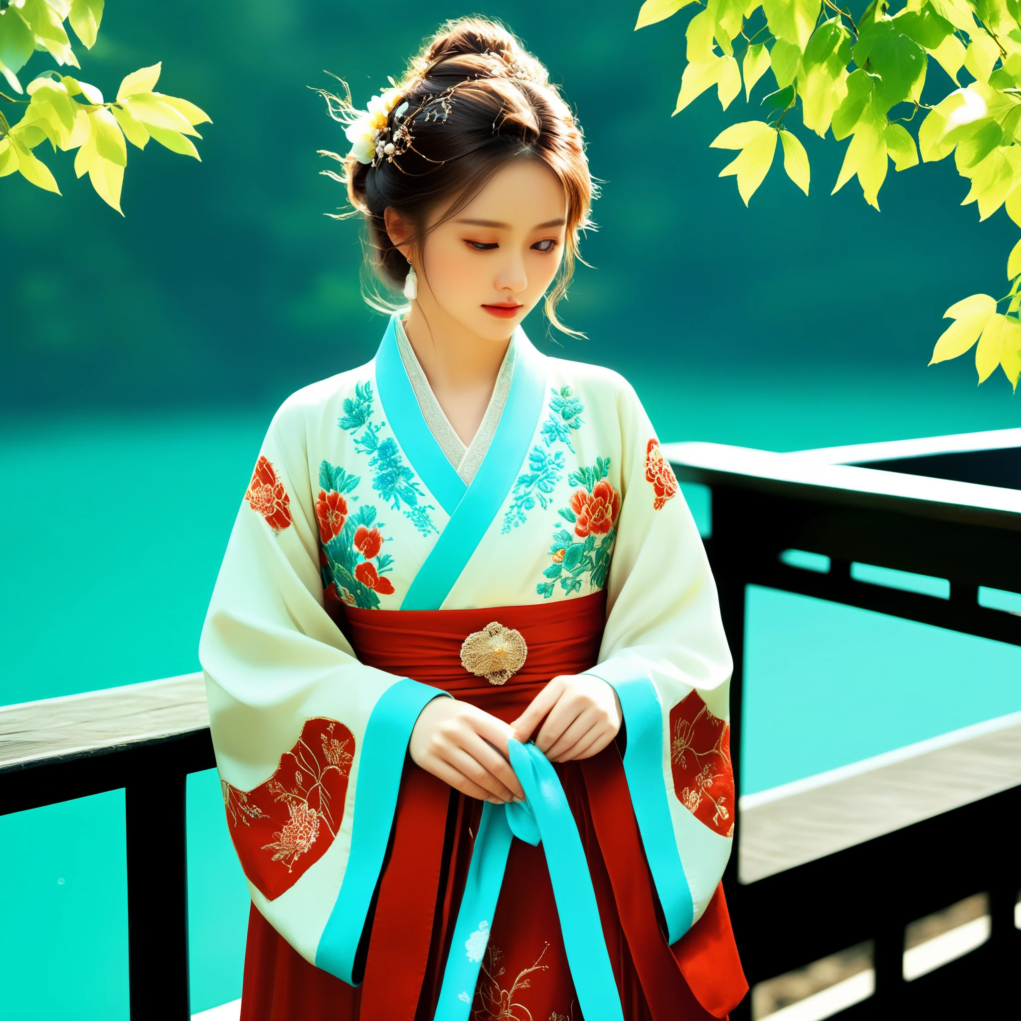 photorealistic,realistic,masterpiece,best quality,4k,，
A girl standing near the bridge over the lake, Wear new Chinese clothing that combines traditional Chinese Hanfu and modern clothing elements, Showing a unique oriental charm. Her clothes are mainly in red and white colors, With exquisite embroidery and beadwork, Showing the profound heritage of Chinese traditional culture. Her hairstyle is simple yet elegant, Wearing gorgeous hair accessories, Adds a splash of color to the overall look. Her makeup is delicate and elegant, Highlighting her natural beauty. Her eyes are bright and energetic, It seemed to be telling her inner story. Her skin is fair and delicate, Exudes a charming luster. Her figure is graceful and dignified, Exudes a noble temperament. She stood on the bridge by the lake, Behind you are the sparkling water and the mountains in the distance., It forms a beautiful picture. The sun shines on her body, Contrast between light and dark, highlighting her theme.