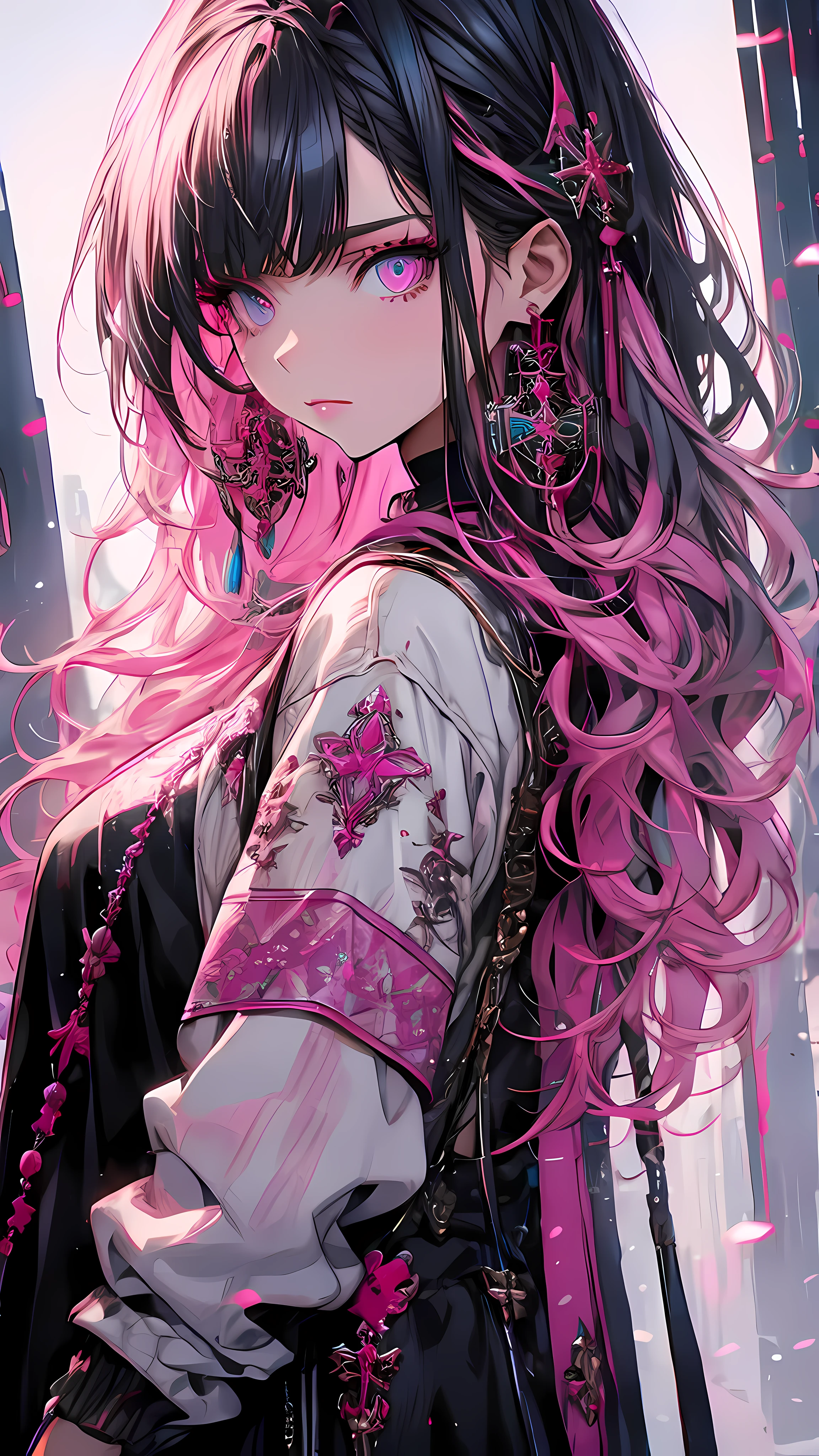 Hongliu, 1 girl, alone, long hair, looking at the viewer, blue eyes background, white background, jewelry, closed mouth, Jacket, Upper body, pink hair with silver and black hair lases , earrings, pink eyes, necklace, From the side, sweater, lips, eyelash, compensate, wavy hair, earrings, cross, lipstick, ear earrings, eye shadow, hoop earrings, pink lips, multicolored eyes, pink theme, pink eye shadow,