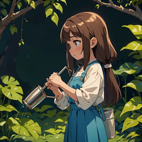 A girl uses a watering can to water the futaba leaves growing on her head.