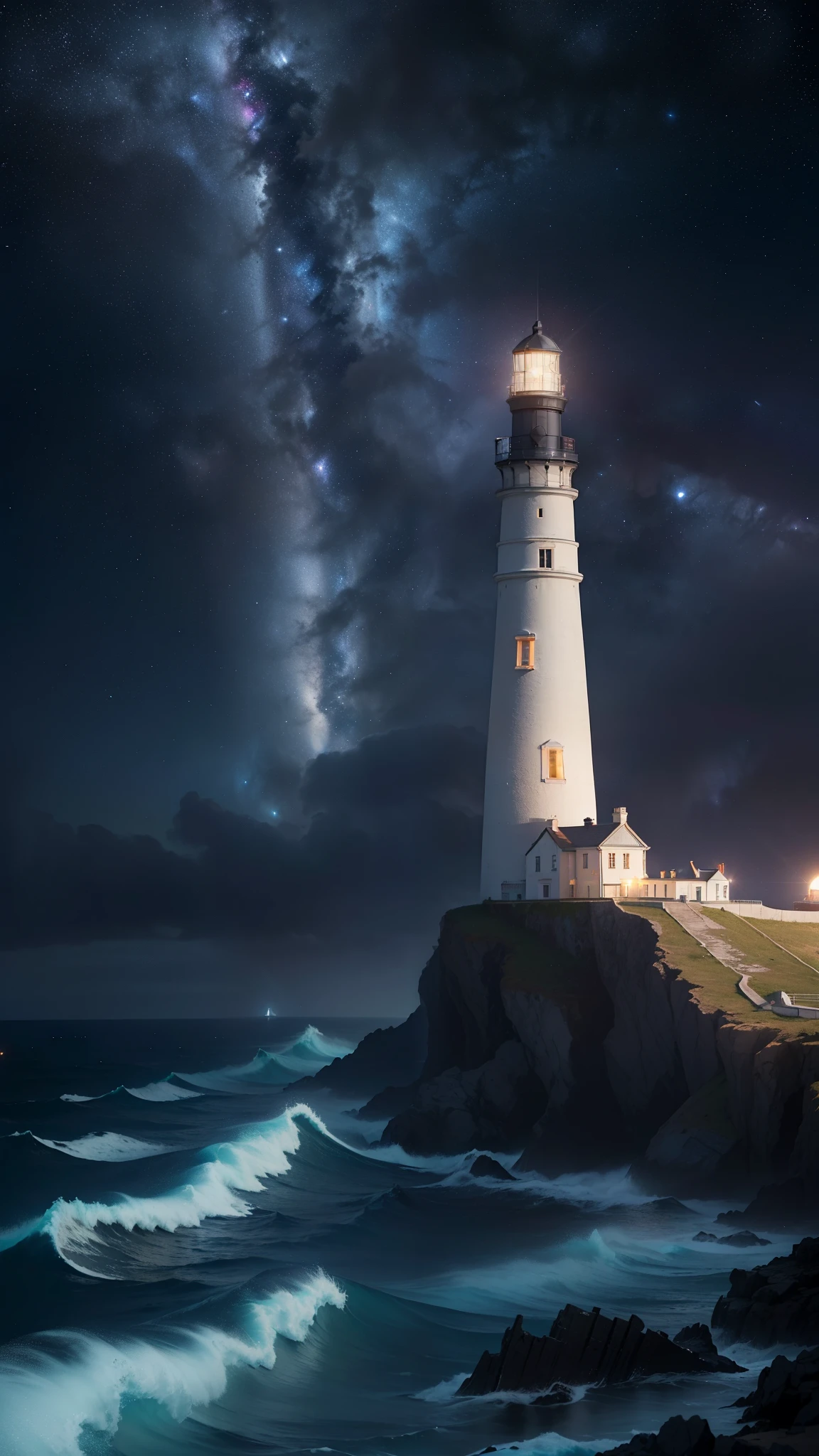 (masterpiece), high details, high quality, photorealistic, hyper-detailed, realistic skin texture, perfect face, A beautiful Lighthouse, look at the Lighthouse, shimmering with lustrous hues matching scheme, light reflecting, (thunderstorm, lightning storm, Lighthouse illuminating the night, galaxy sky, (The Lighthouse is surrounded by a sea ​​waves barely seen through the rain, Clouds and fog on the Lighthouse, Lighthouse illuminating the night as background), the Lighthouse looks like floating on the air, Illuminated by the moonlight, galaxy night with nebulae, high details background), fantasy art style, high quality detailed art, fantasy mixed with realism, charming, (silver and white colors schemes),