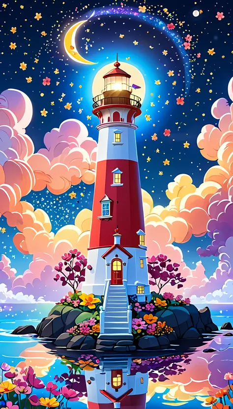 CuteCartoonAF, Cute Cartoon, masterpiece in maximum 16K resolution, superb quality, a whimsical tall lighthouse on a floating bi...