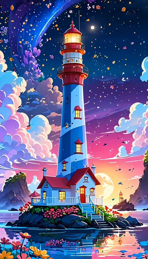 cutecartoonaf, cute cartoon, masterpiece in maximum 16k resolution, superb quality, a whimsical tall lighthouse (on a floating b...