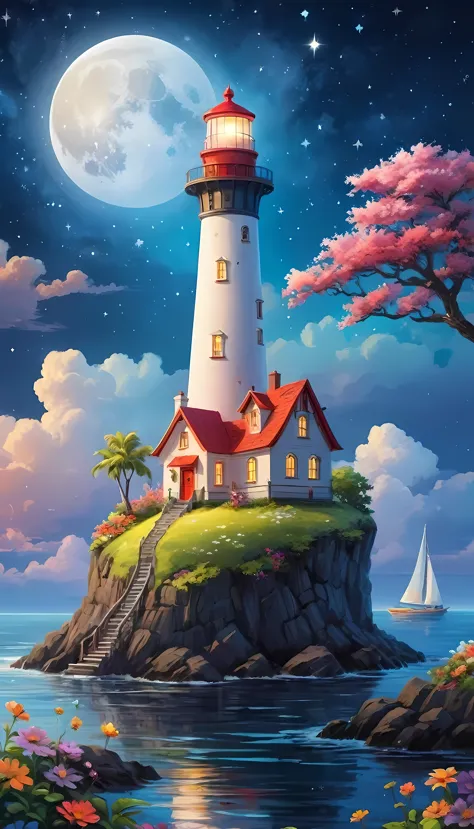 Masterpiece in maximum 16K resolution, superb quality, a whimsical tall lighthouse (on a floating big island:1.3), the lighthous...
