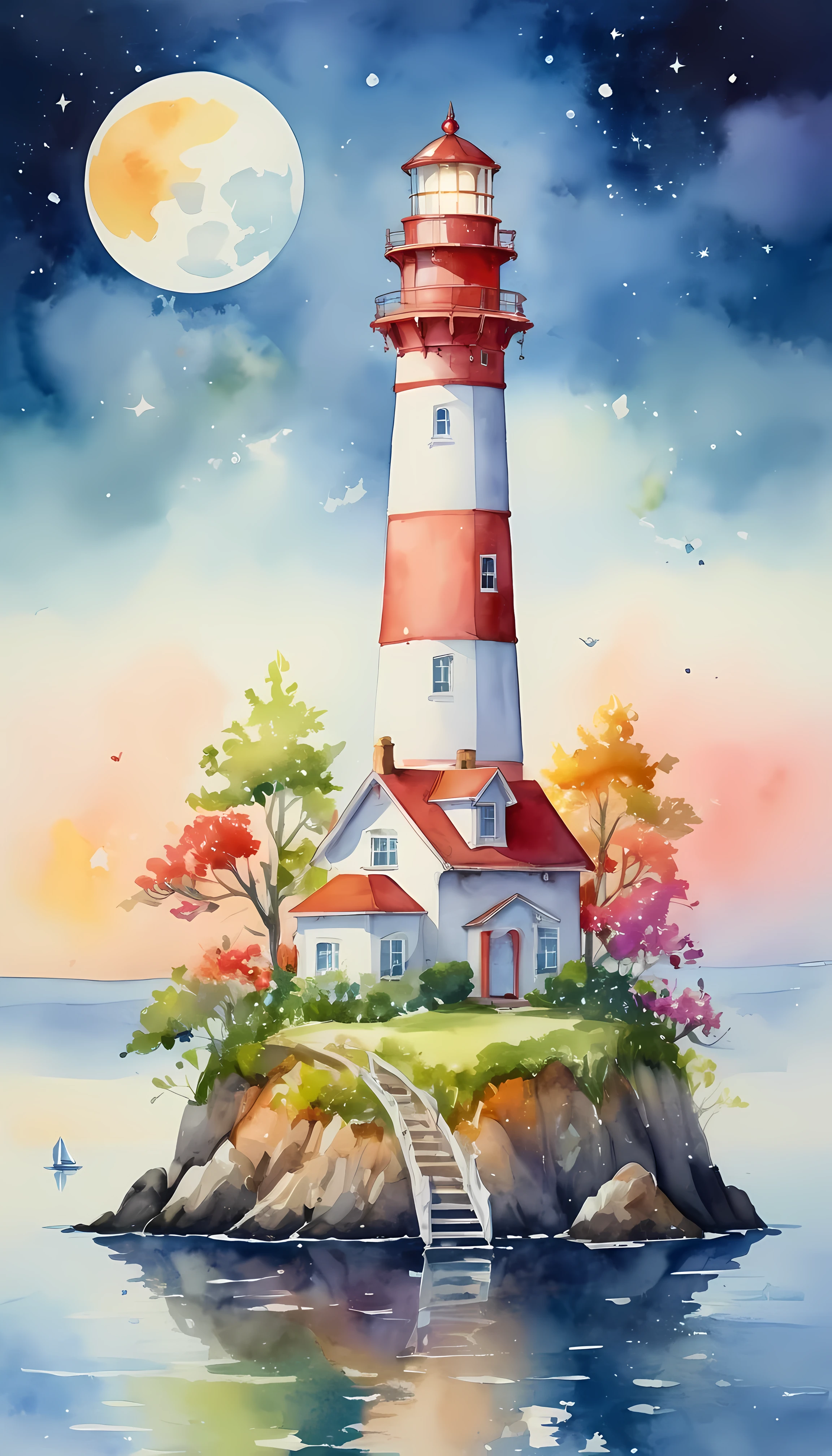CuteCartoonAF, Cute Cartoon, masterpiece in maximum 16K resolution, superb quality, a whimsical tall lighthouse on a floating big island, the lighthouse has playful design, the floating island has colorful flowers and whimsical trees, night sky with winkling stars, a shooting star, a crescent moon, dreamy color palette. | ((More_Detail))