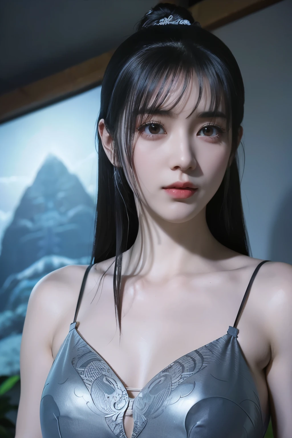 傑作,ゲームアート,最高の画質,最高解像度,8K,(肖像画),Unreal Engine 5のレンダリング作業,(デジタル写真),((肖像画 Feature:1.5)),
20歳の少女,ショートヘアの詳細,長い前髪,(赤いアイメイクはとても丁寧です),(長い白髪の:1.4),(大きい, 豊かな胸),エレガントで高貴,勇敢で魅力的,
(古代中国の鎧の特徴と融合した未来の鎧,中空デザイン,パワーアーマー,神秘的な東洋のルーン文字,繊細なドレスのパターン,魔法の閃き),未来の戦士,サイバーパンクのフィギュア,戦争の背景,
映画照明，レイトレーシング，ゲームCG，((3D アンリアル エンジン))，OCレンダリング反射パターン