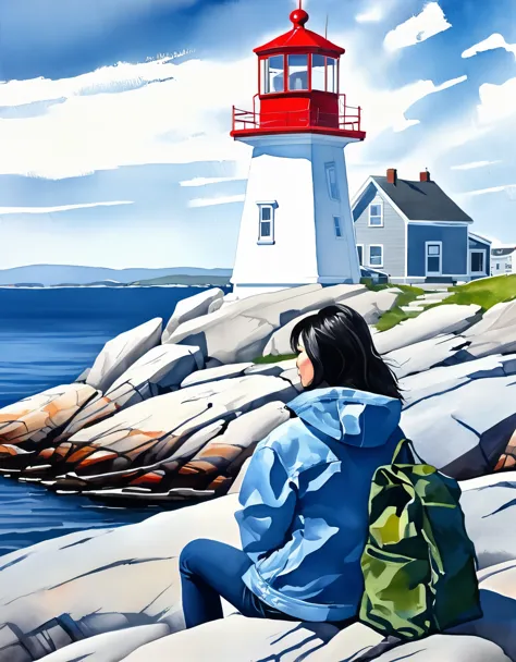 Smoking Chinese girl sitting in beautiful Peggy&#39;s Cove, Canada，Looking up at the huge lighthouse，Blue Jacket Jeans，sitting p...