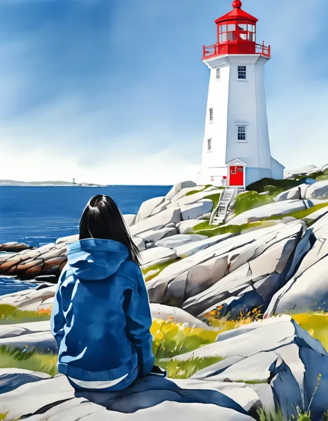 Chinese girl sitting in beautiful Peggy&#39;s Cove, Canada，Looking up at the huge lighthouse，Blue Jacket Jeans，back view，sitting...