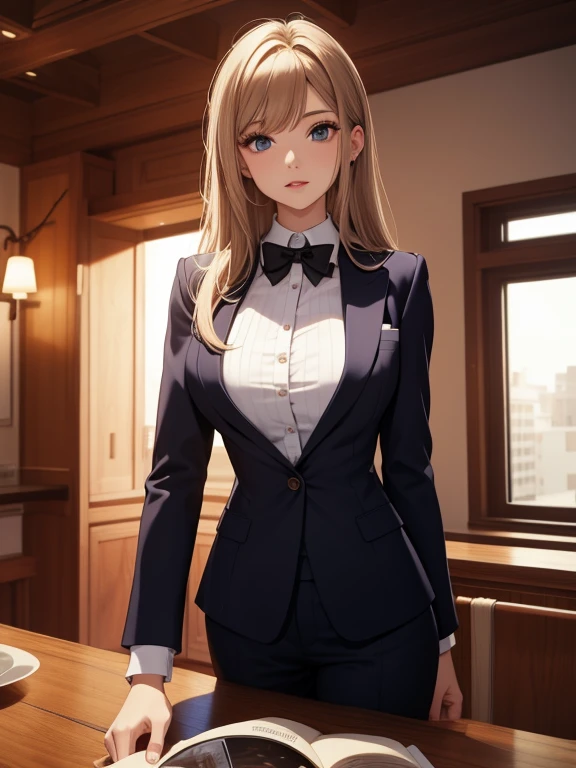 best quality, on the table, beautiful nature、pretty face、strong willed woman、Dark blue office suit、White trousers、brown hair、(brown eyes)、long hair、Eye size is too small、full body portrait、cosmetics, red lips，huge breasts