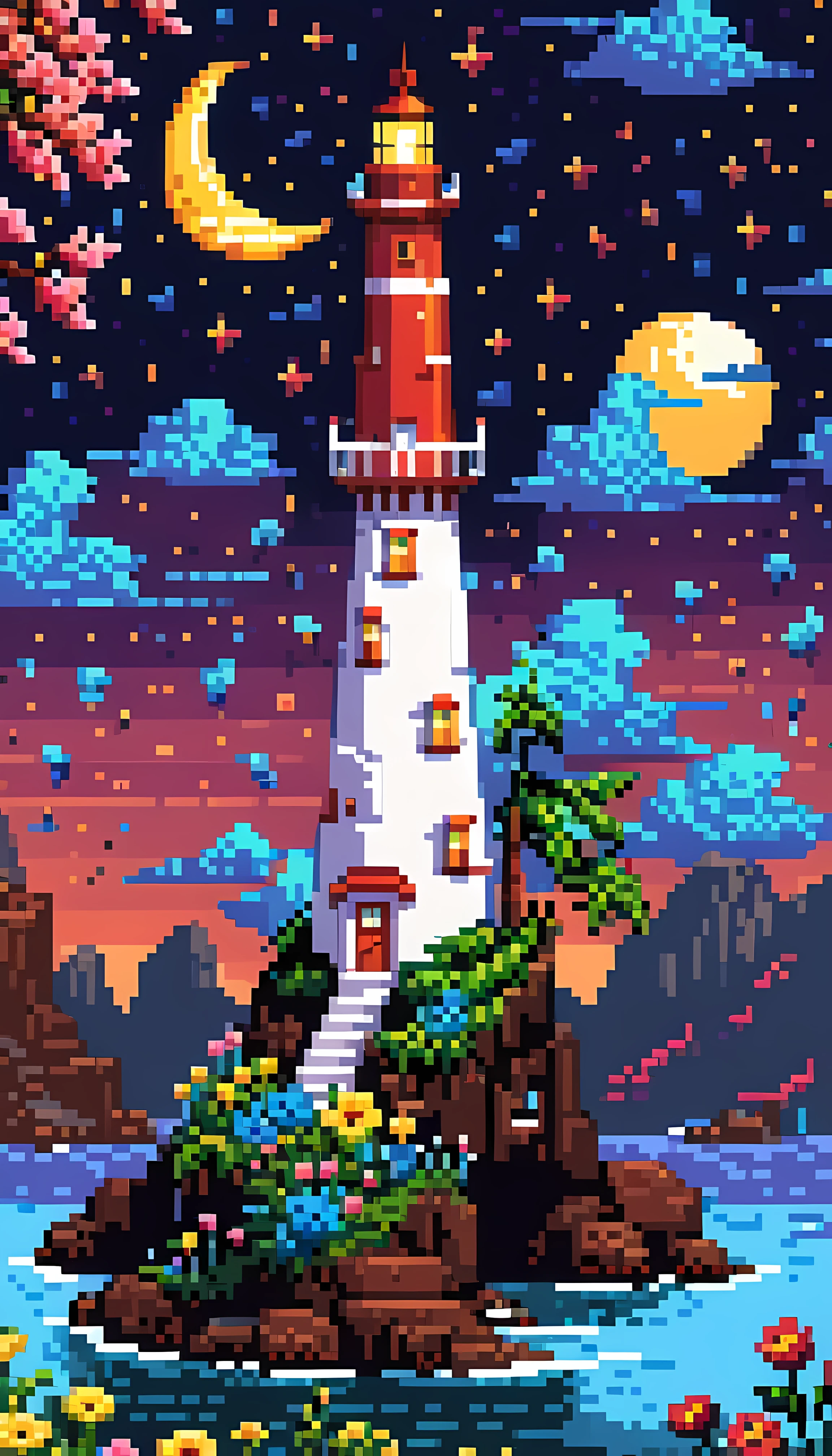 CuteCartoonAF, Cute Cartoon, masterpiece in maximum 16K resolution, superb quality, a whimsical tall lighthouse on a floating big island, the lighthouse has playful design, the floating island has colorful flowers and whimsical trees, night sky with winkling stars, a shooting star, a crescent moon, dreamy color palette. | ((More_Detail))