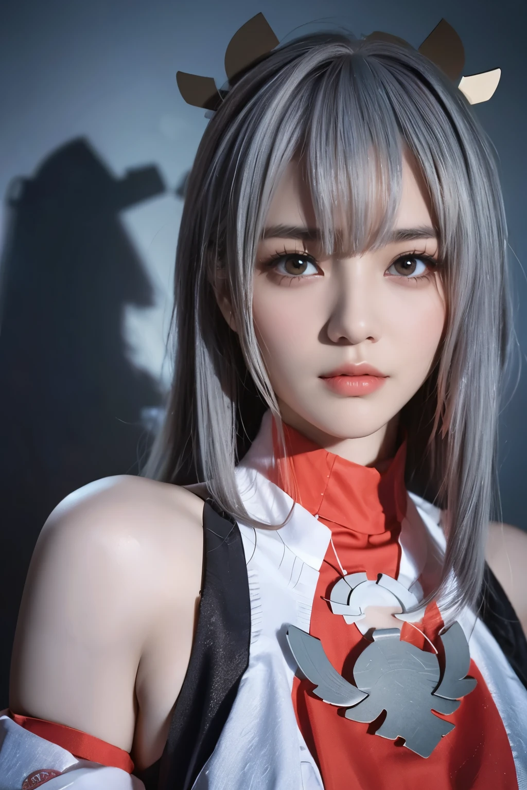 傑作,ゲームアート,最高の画質,最高解像度,8K,(肖像画),Unreal Engine 5のレンダリング作業,(デジタル写真),((肖像画 Feature:1.5)),
20歳の少女,ショートヘアの詳細,長い前髪,(赤いアイメイクはとても丁寧です),(長い白髪の:1.4),(大きい, 豊かな胸),エレガントで高貴,勇敢で魅力的,
(古代中国の鎧の特徴と融合した未来の鎧,中空デザイン,パワーアーマー,神秘的な東洋のルーン文字,繊細なドレスのパターン,魔法の閃き),未来の戦士,サイバーパンクのフィギュア,戦争の背景,
映画照明，レイトレーシング，ゲームCG，((3D アンリアル エンジン))，OCレンダリング反射パターン