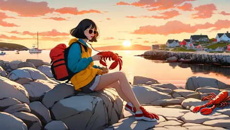 （a chinese girl with short hair is eating lobster：0.85），sitting on the embankment，background：horseshoe-shaped peggy&#39;s cove, ...