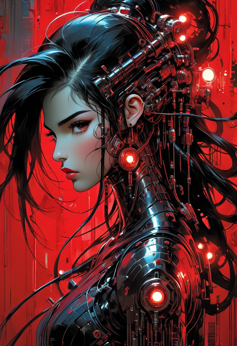 fluorescent horizon, The image depicts a female cyborg or android figure in futuristic, armored attire. She has long, flowing black hair and is set against a red background. Her appearance is sleek and metallic, with various mechanical and robotic components integrated into her body and limbs. The overall aesthetic conveys a sense of power, strength, and perhaps a fusion of organic and synthetic elements. Art by Fabian Perez, Henry Asensio, Jeremy Mann, Mark Simonetti, Studio Ghibli Genshin Impact