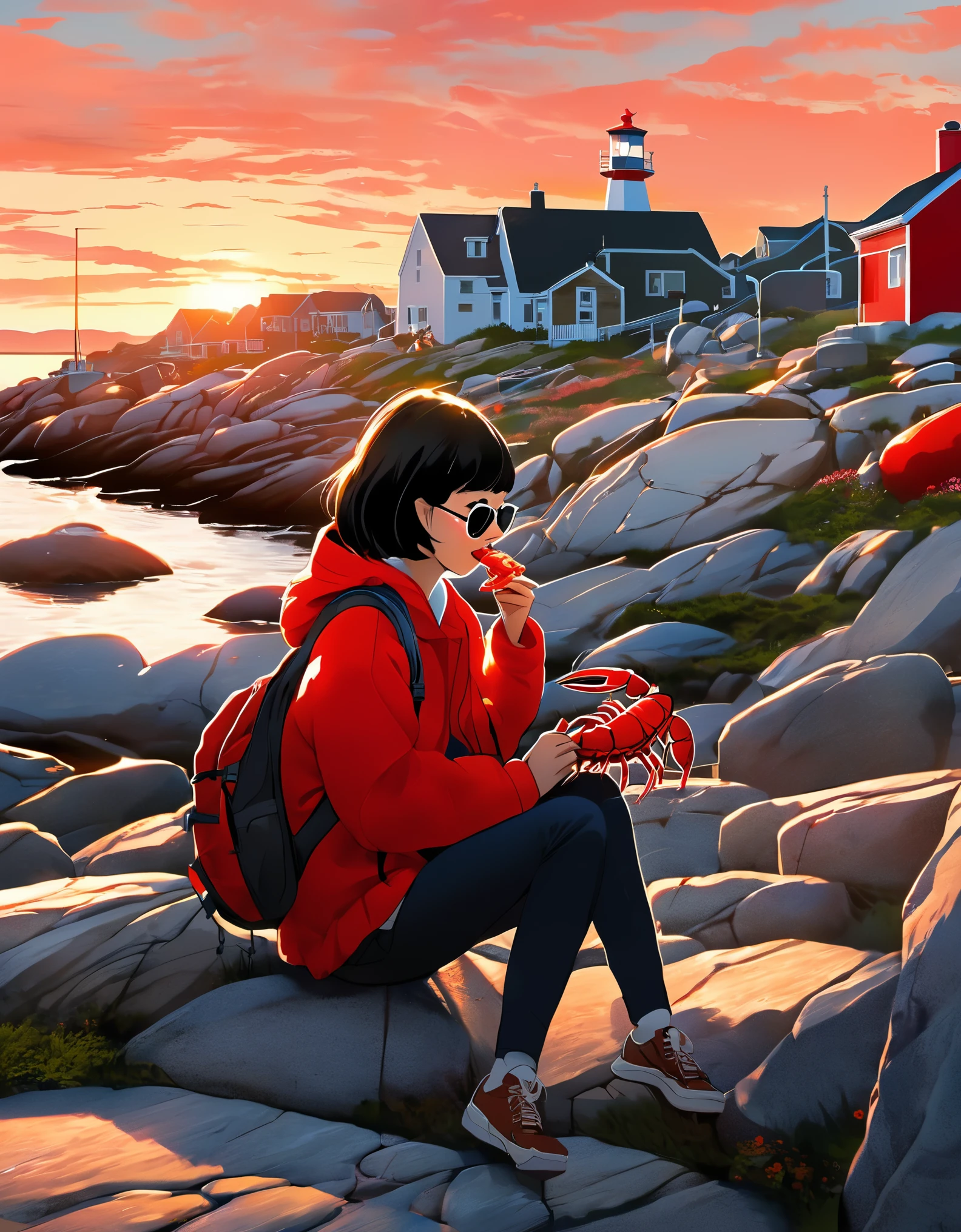 （A Chinese girl with short hair is eating lobster：0.85），Sitting on the embankment，background：Horseshoe-shaped Peggy&#39;s Cove, Canada，There are rocks on both sides，Huge sunset，post office，sunglasses，Backpack，cigarette case