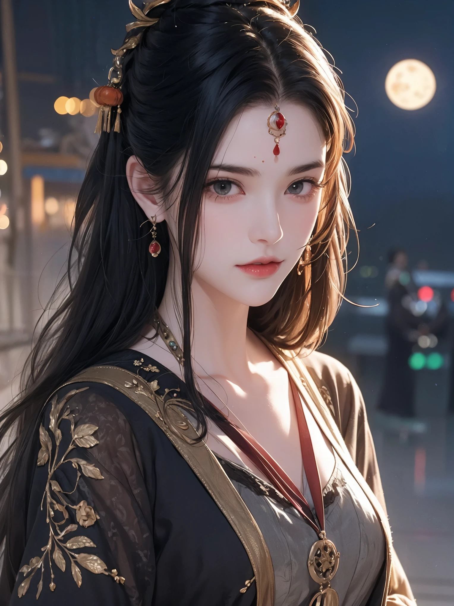 (extremely detailed 8K wallpaper),(ultra-detailed),(best quality),(masterpiece),(highly detailed),(cinematic lighting),(Original),Cold ligh，moody,(Chinese elaborate-style painting ),ink style,32K depth of field,1girl,solo,((busts)),((red marks on forehead)),(((villain image))),(witch),(((evil))),(((Eyes sparkling in the moonlight)))（snow）