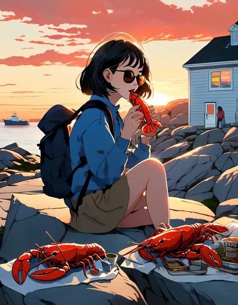 （A Chinese girl with short hair is eating lobster：0.85），Sitting on the embankment，background：Horseshoe-shaped Peggy&#39;s Cove, ...