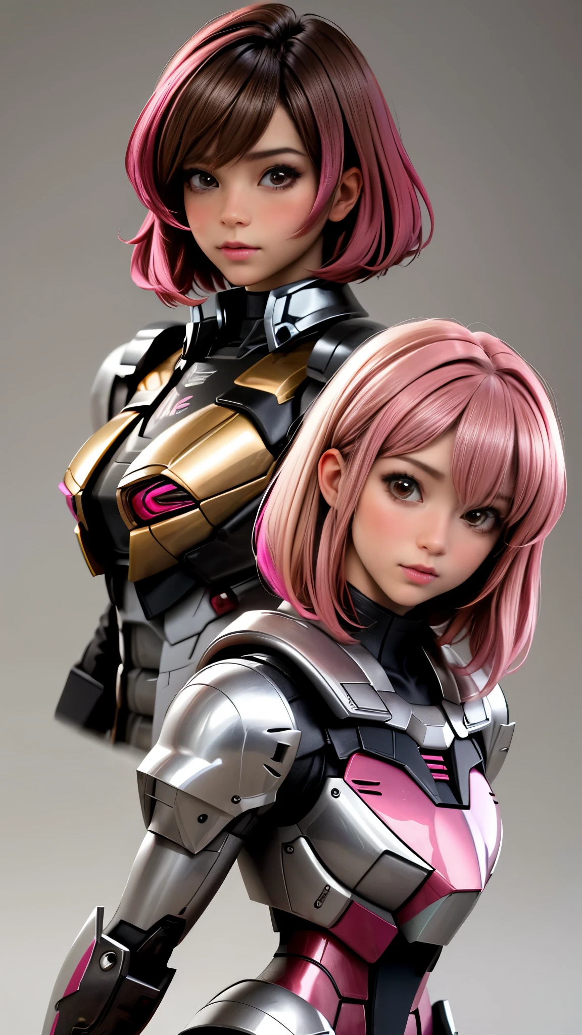 Photo of two realistic black Sazabi girls，Shortcut Bob Cut，I have a lot of hair，brown eyes，Hair color is bright pink，cool look，background is gray，16 year old daughter of Haman Khan and Char Aznable.