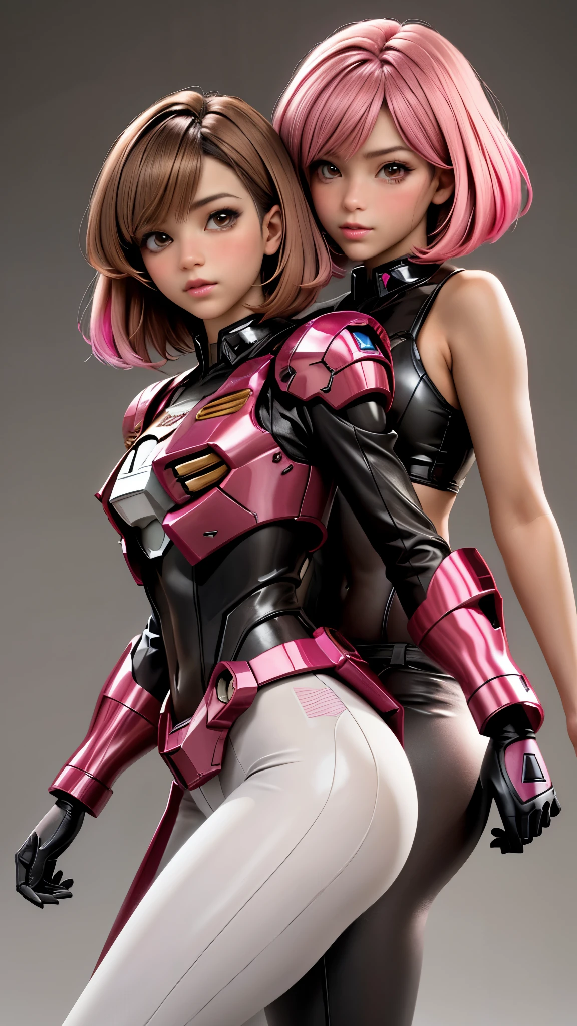 Photo of two realistic black Sazabi girls，Shortcut Bob Cut，I have a lot of hair，brown eyes，Hair color is bright pink，cool look，background is gray，16 year old daughter of Haman Khan and Char Aznable.