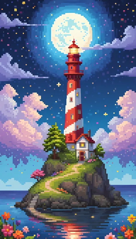 Pixel art, masterpiece in maximum 16K resolution, superb quality, a whimsical tall lighthouse on a floating big island, the ligh...