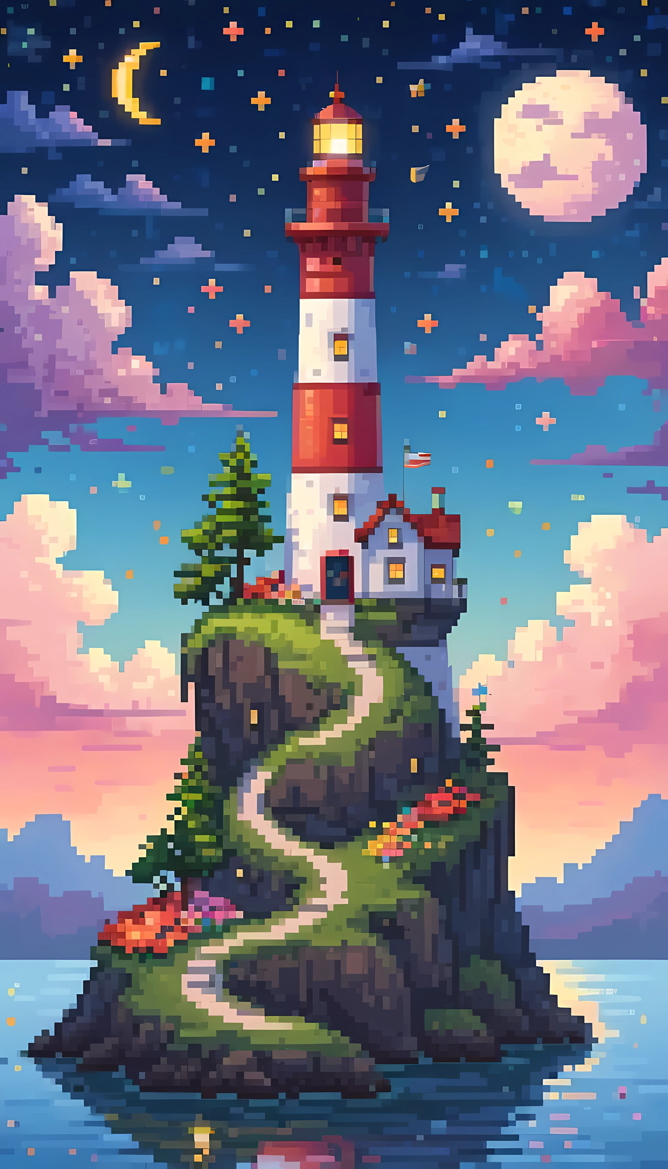 Pixel art, masterpiece in maximum 16K resolution, superb quality, a whimsical tall lighthouse on a floating big island, the lighthouse has playful design, the floating island has colorful flowers and whimsical trees, night sky with winkling stars, a shooting star, a crescent moon, dreamy color palette. | ((More_Detail))