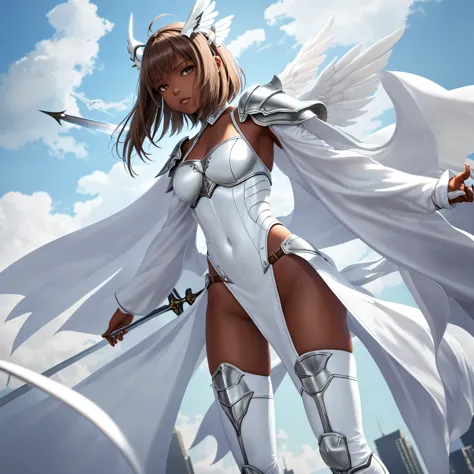 fantasy, 1angel_girl, low_teen, brown_hair, medium_bob_hair,long_bangs, (dark_skin)+, bare_shoulder, navel out, thighhighs,silve...