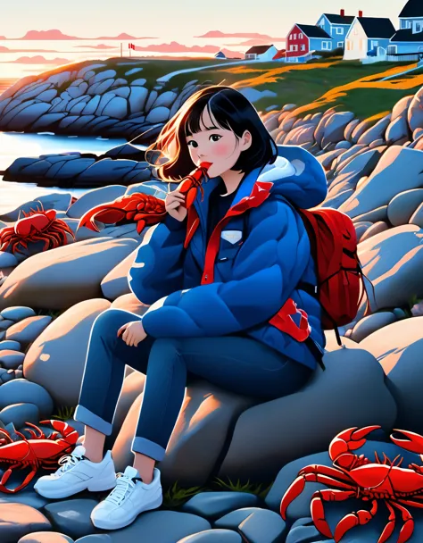 （A Chinese girl with short hair is holding a lobster in both hands：0.85），Sitting on the embankment，Blue jacket and jeans， White ...