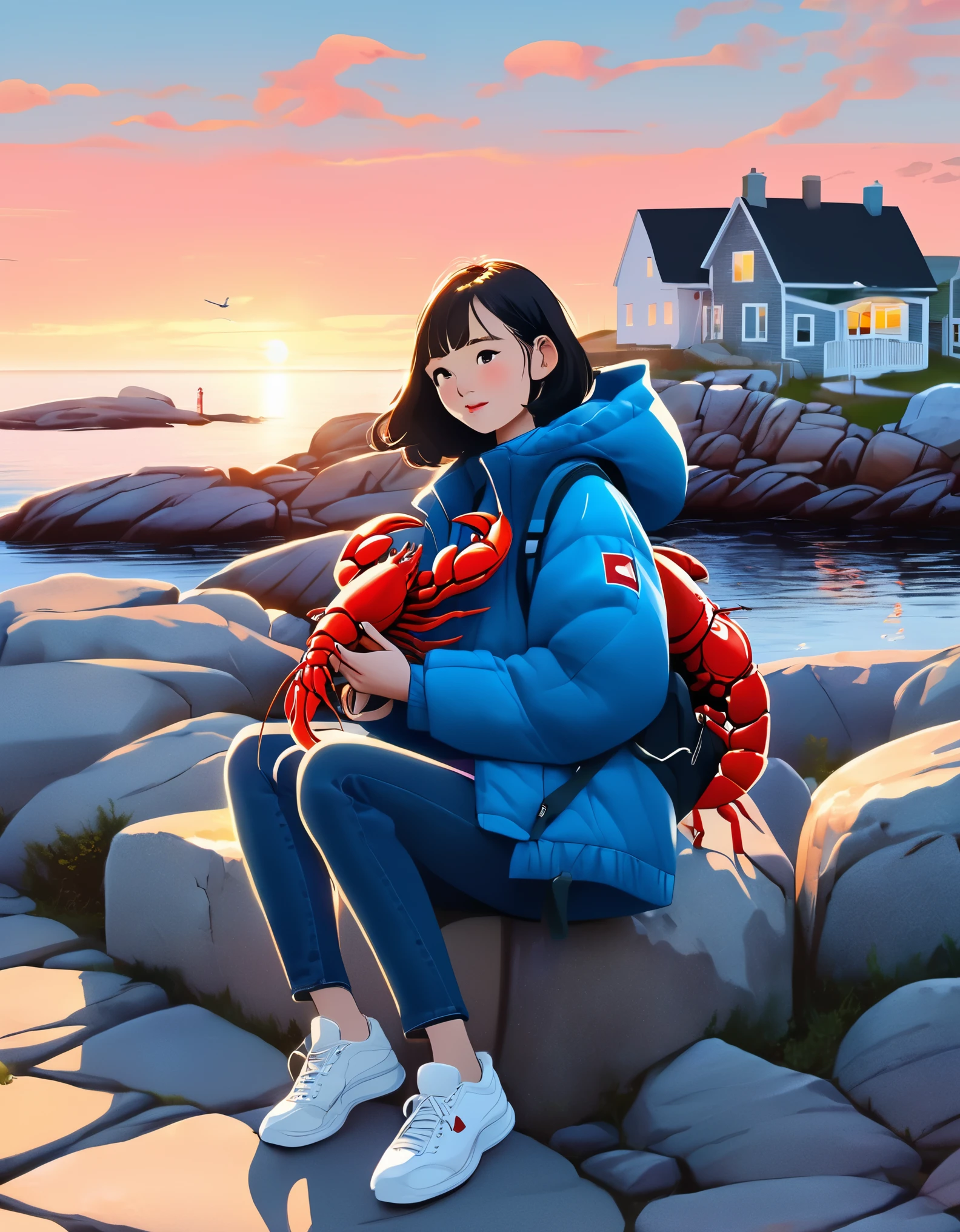 （A Chinese girl with short hair is holding a lobster in both hands：0.85），Sitting on the embankment，Blue jacket and jeans， White tourist shoes，background：Horseshoe-shaped Peggy&#39;s Cove, Canada，There are rocks on both sides，Huge sunset，post office，sunglasses，Backpack，cigarette case