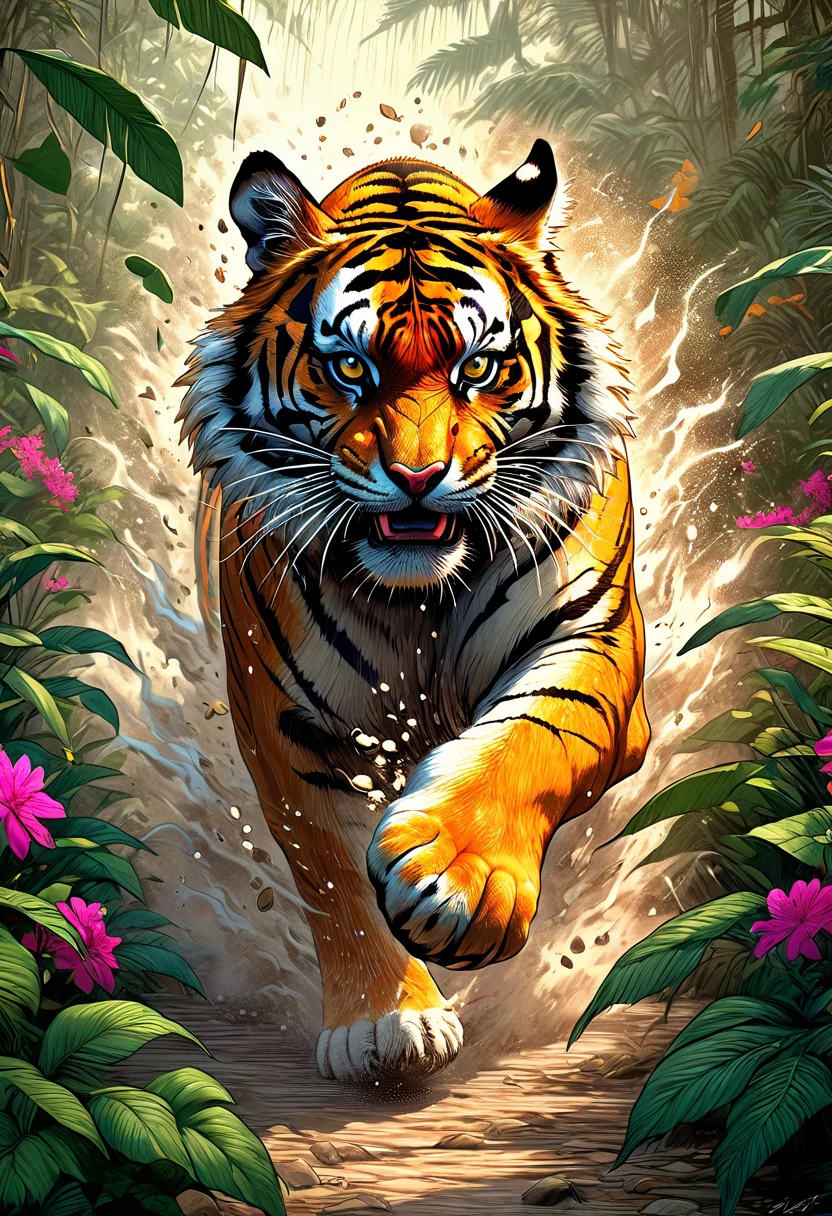 ilustración compleja de un tigre poderoso en la jungla corriendo muy rápido hacia el espectador, árboles y flores,  en una enorme nube de polvo, agresión, enojo, Escena hiperrealista, Lluvia Pesada, Enfoque detallado, arte de Aaron Jasinski, Escena de fantasía épica, colores vívidos, Enchanted obra maestra, Fantasycore, Premiado, obra maestra,  contrast, desteñido,  