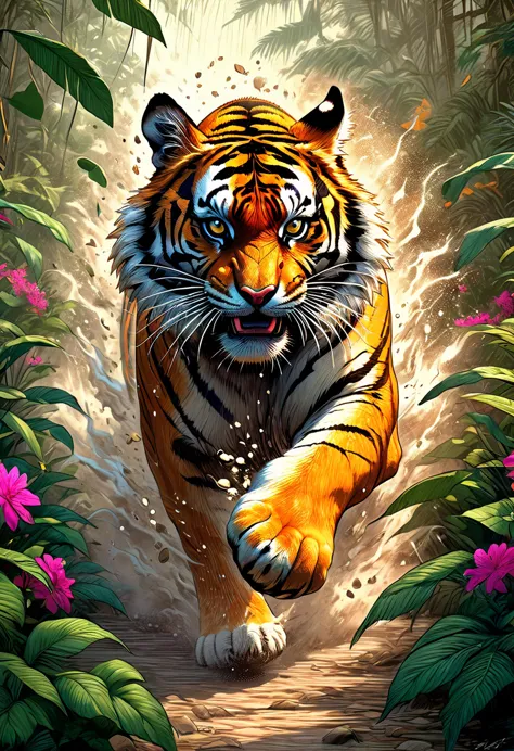 coomplex illustration of a mighty tiger in the jungle very fast  running to the viewer, trees and flower,  in a massive cloud of...