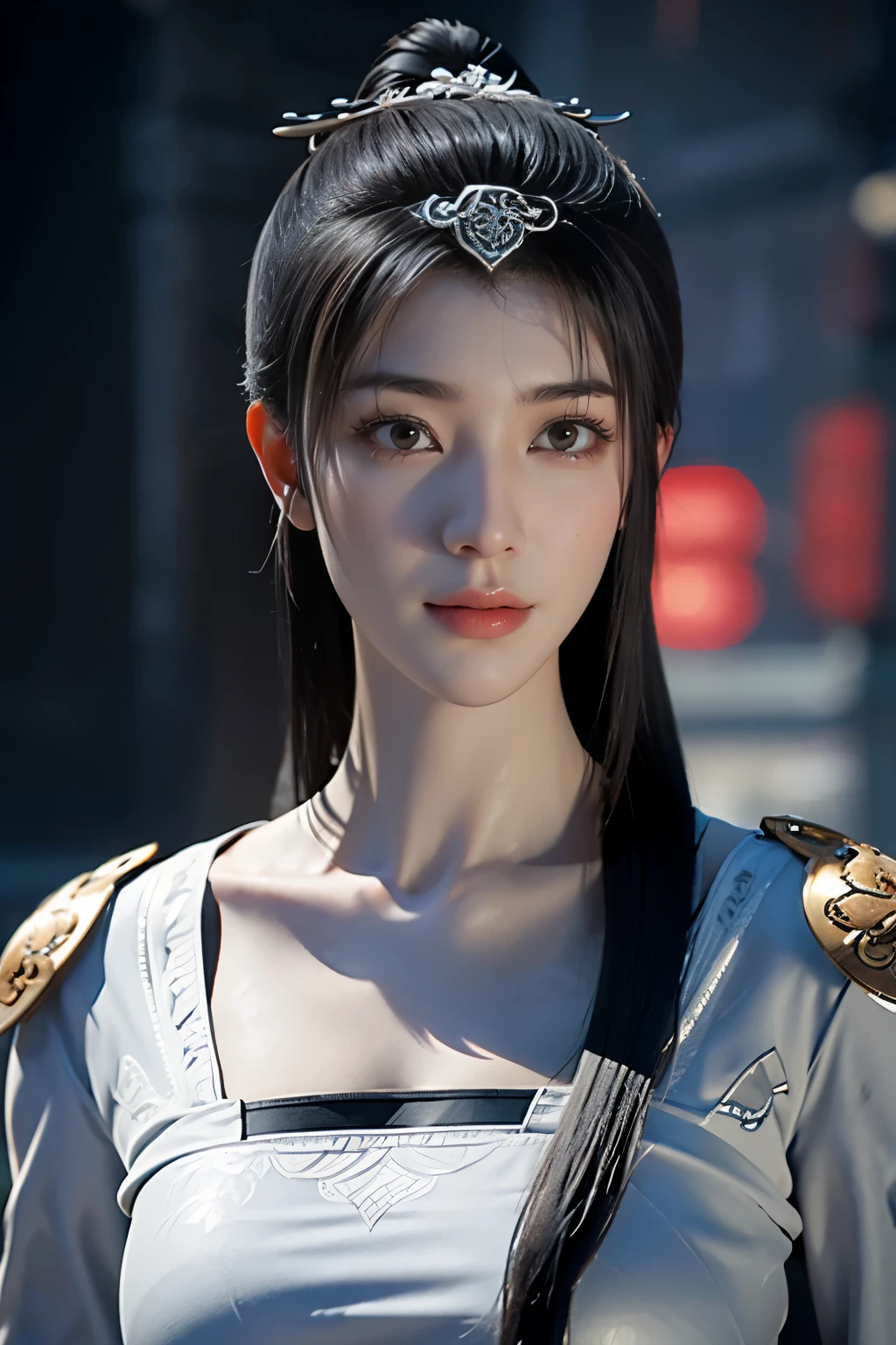 傑作,ゲームアート,最高の画質,最高解像度,8K,(肖像画),Unreal Engine 5のレンダリング作業,(デジタル写真),((肖像画 Feature:1.5)),
20歳の少女,ショートヘアの詳細,長い前髪,(赤いアイメイクはとても丁寧です),(長い白髪の:1.4),(大きい, 豊かな胸),エレガントで高貴,勇敢で魅力的,
(古代中国の鎧の特徴と融合した未来の鎧,中空デザイン,パワーアーマー,神秘的な東洋のルーン文字,繊細なドレスのパターン,魔法の閃き),未来の戦士,サイバーパンクのフィギュア,戦争の背景,
映画照明，レイトレーシング，ゲームCG，((3D アンリアル エンジン))，OCレンダリング反射パターン